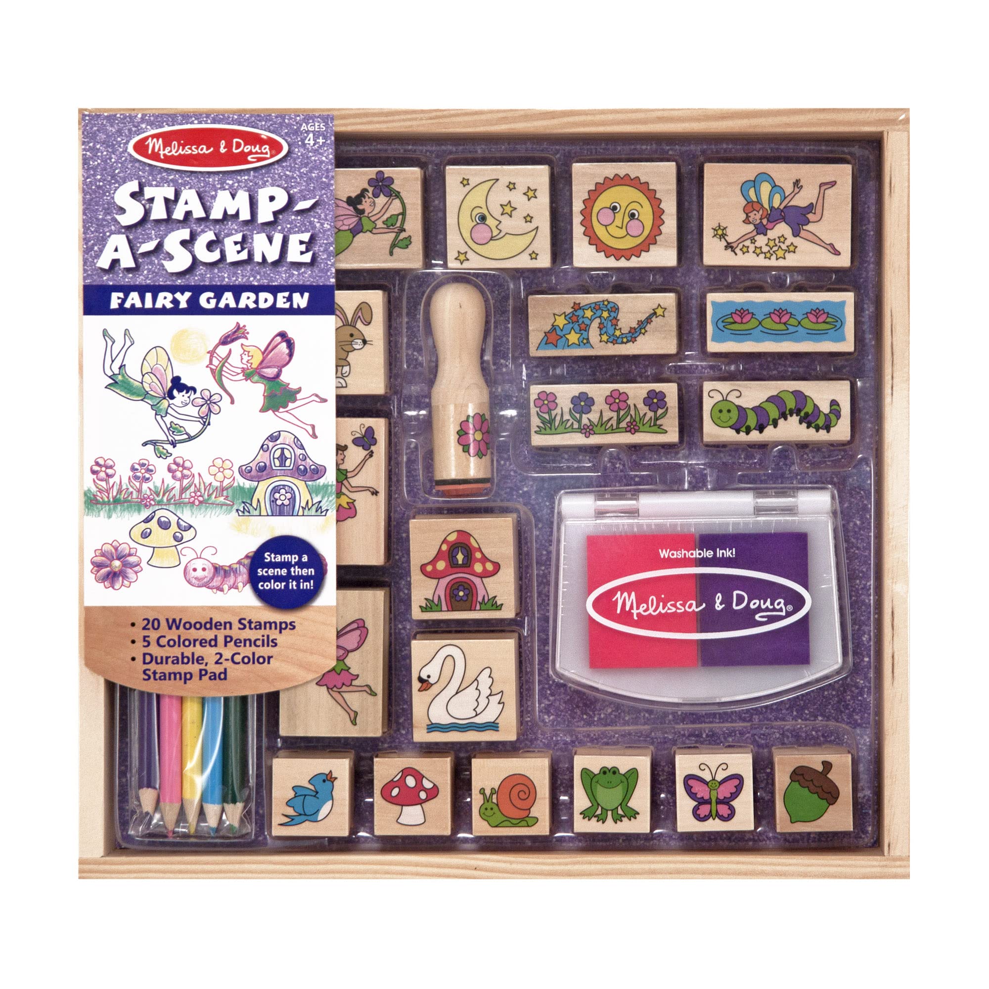 Melissa & Doug Fairy Garden Stamp-a-Scene Kit - 20 Wooden Stamps, 5 Colored Pencils & 2-Color Stamp Pad for Kids Arts & Crafts, DIY Scrapbooking & Creative Play