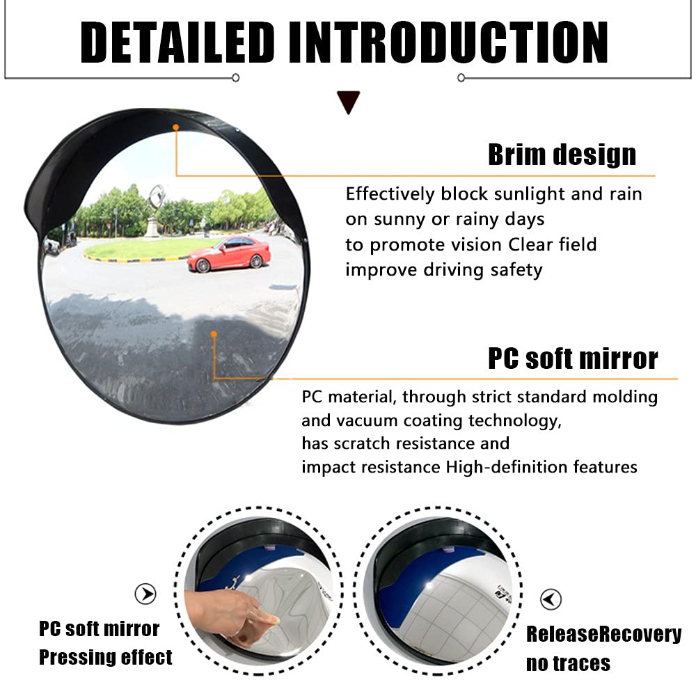 12in Shatter-Proof Convex Traffic Safety Mirror - Driveway Corner Blind Spot Mirror for Road Security, Outdoor PC Plastic with Sun Shade (Black) - Perfect for Parking Lots, Warehouses & Street Intersections