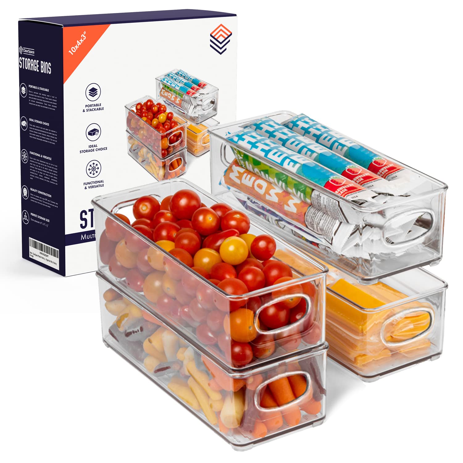 ClearSpace Plastic Pantry Organization and Food Storage Bins - 4 Pack Set for Kitchen Cabinet & Refrigerator Organizing - Perfect for Cereal, Snacks, Fruits & Vegetables Storage