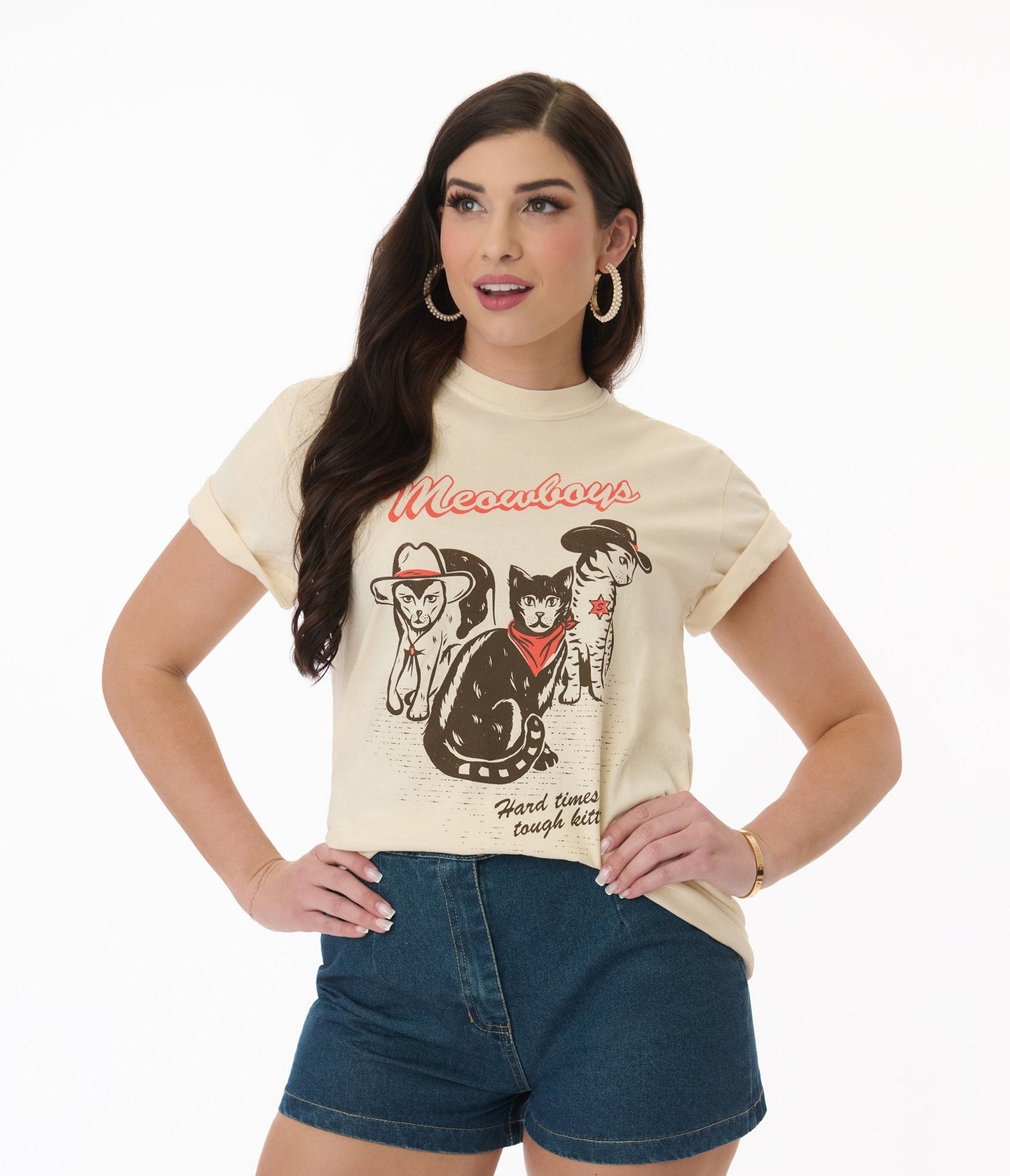Meowboys Western Style Graphic T-Shirt for Men & Women - Trendy Vintage Cowboy Print Tee for Casual Wear, Parties & Western Themed Events