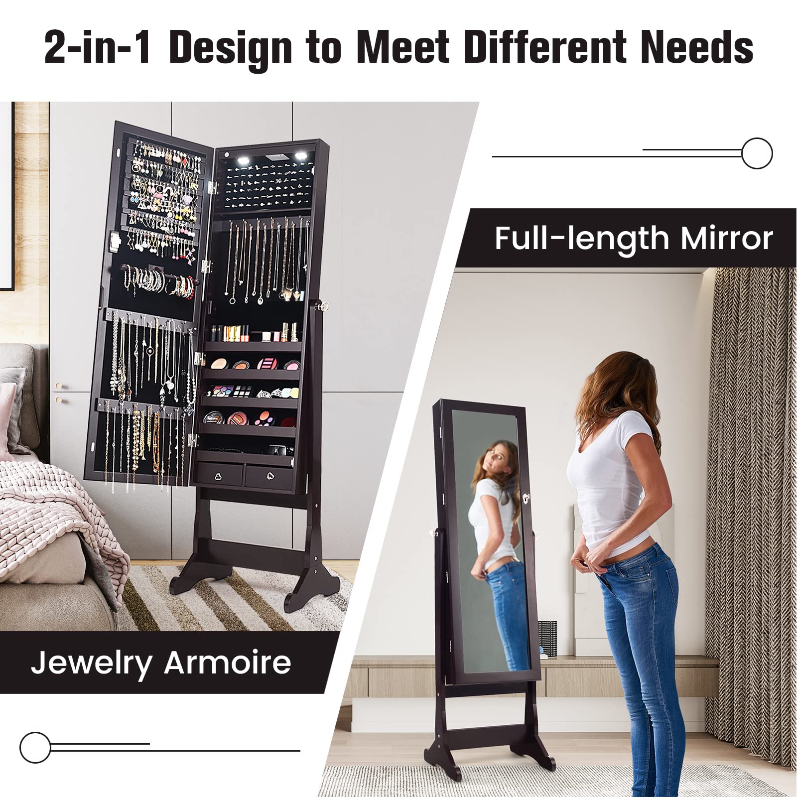COSTWAY Full Length Standing Mirror Jewelry Cabinet with LED Lights - Large Lockable Jewelry Organizer Armoire for Women & Girls, 4 Adjustable Angles, Brown - Perfect for Bedroom, Dressing Room & Closet Organization
