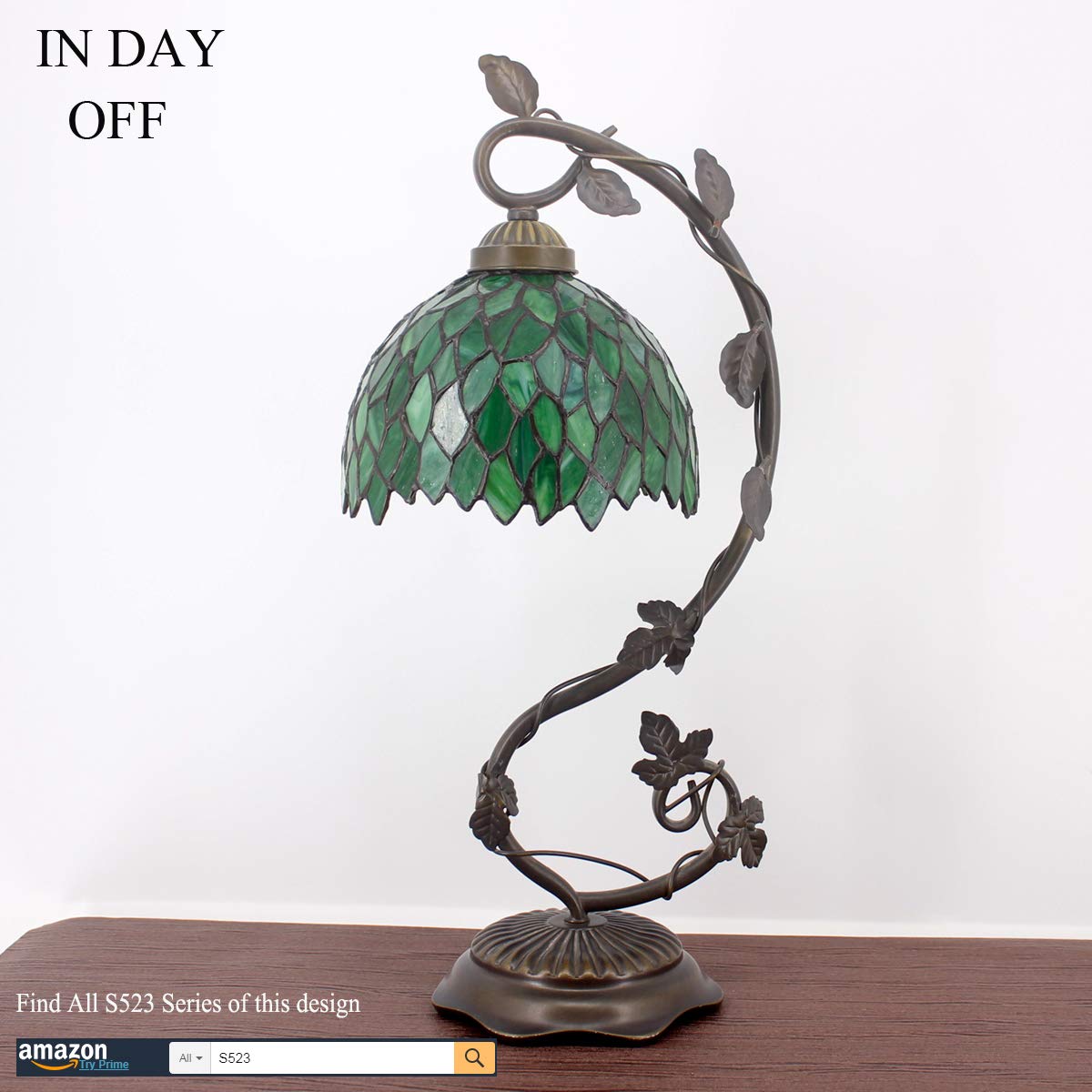 Tiffany Style Stained Glass Table Lamp - Green Wisteria Design with Metal Leaf Base, 8x10x21 Inches, Perfect for Bedroom, Home Office, Reading Light, Small Space Decor (S523 Series) | Elegant Lighting for Cozy Nights & Workspaces