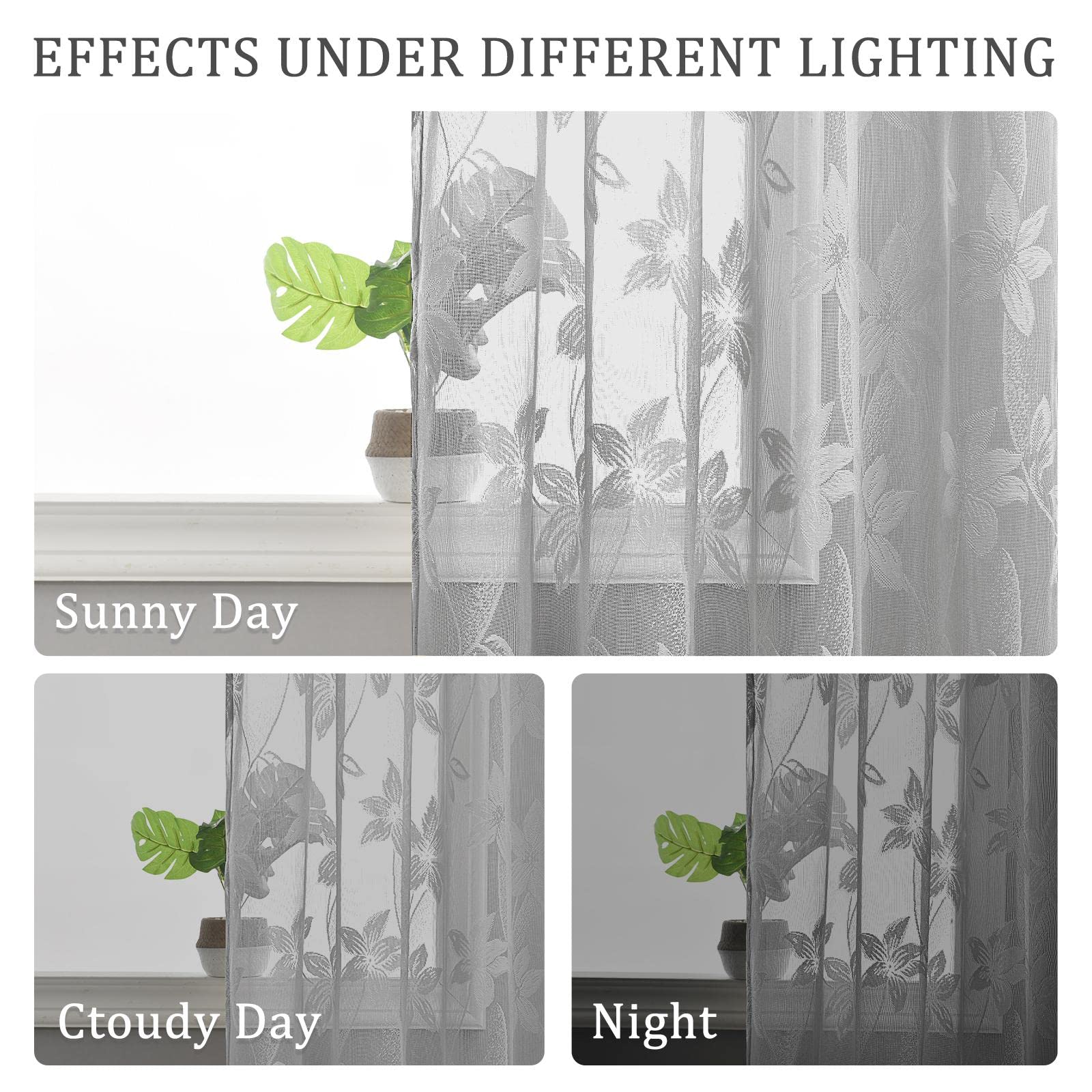 DWCN Grey Floral Lace Sheer Curtains - Rod Pocket Window Voile Sheer Drapes for Bedroom & Kitchen, 52 x 45 Inch Short Curtains Set of 2 Panels - Elegant Home Decor for Living Room, Nursery & Dorm