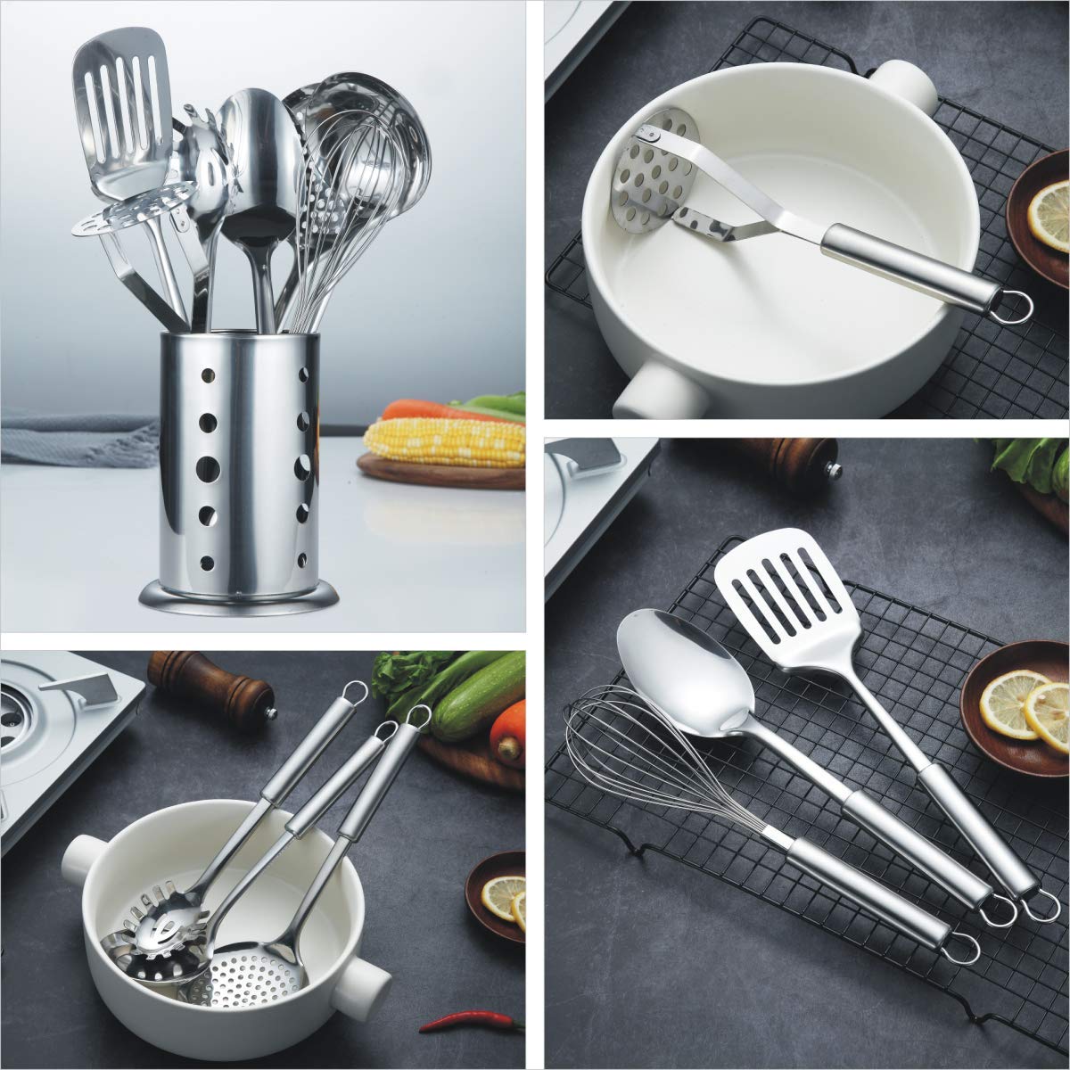 Premium 8-Piece Stainless Steel Kitchen Utensil Set with Stand - Includes Slotted Turner, Ladle, Skimmer, Serving Spoon, Pasta Server, Potato Masher & Egg Whisk - Perfect for Cooking, Baking & Serving Dishes