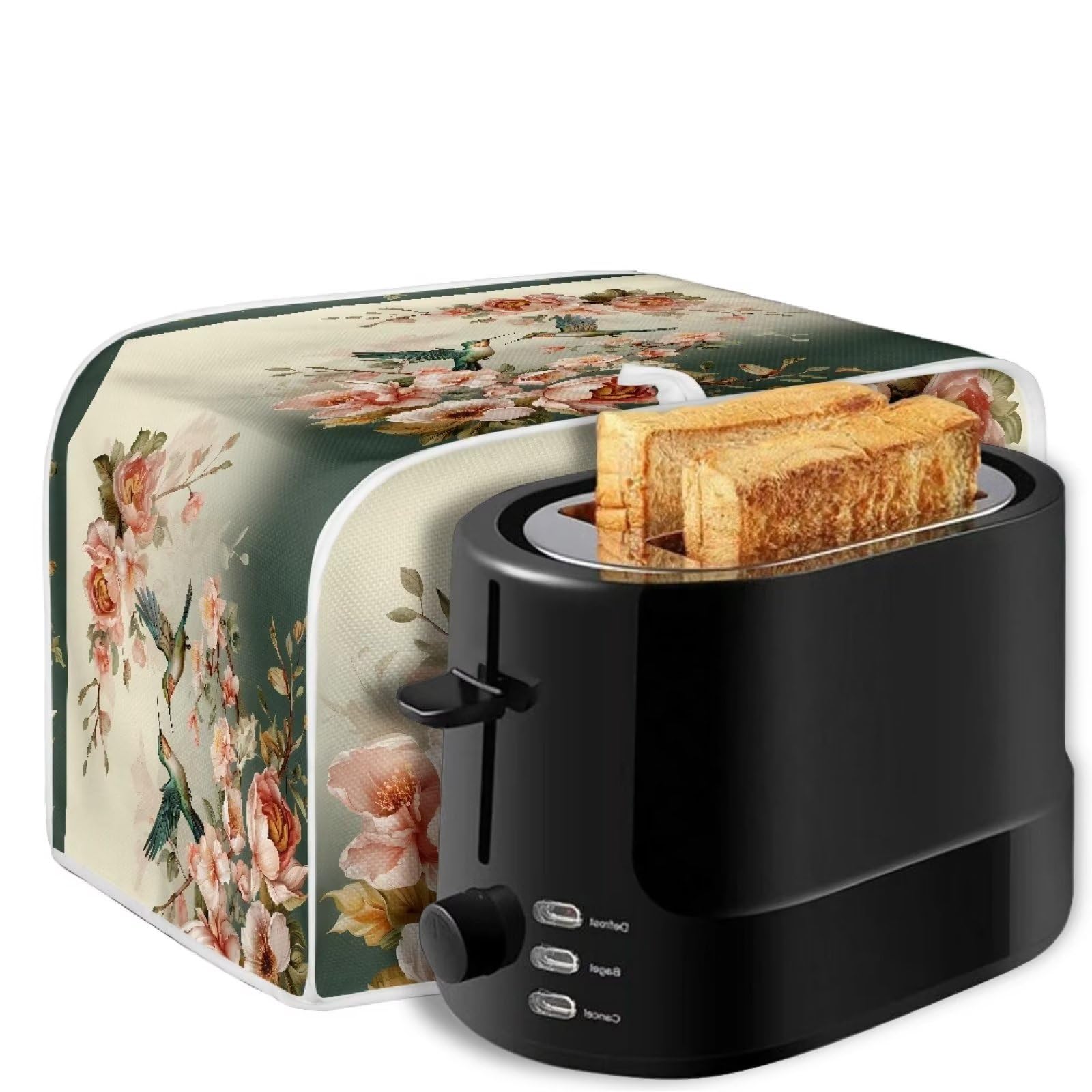 Hummingbird Floral Print 4-Slice Toaster Cover - Dust Protection Washable Kitchen Appliance Cover for Toaster Oven & Bread Maker - Decorative & Practical Kitchen Accessory with Handle (Perfect for Country Style Kitchens & Breakfast Nooks)