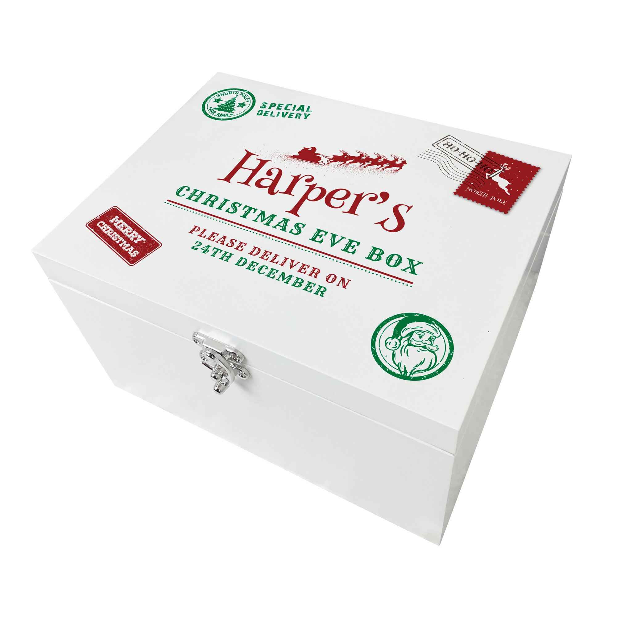 Personalized White Wooden North Pole Postal Stamp Christmas Eve Gift Box - 3 Sizes (22cm, 27cm, 30cm) - Perfect for Holiday Decor, Santa Letters & Christmas Keepsakes