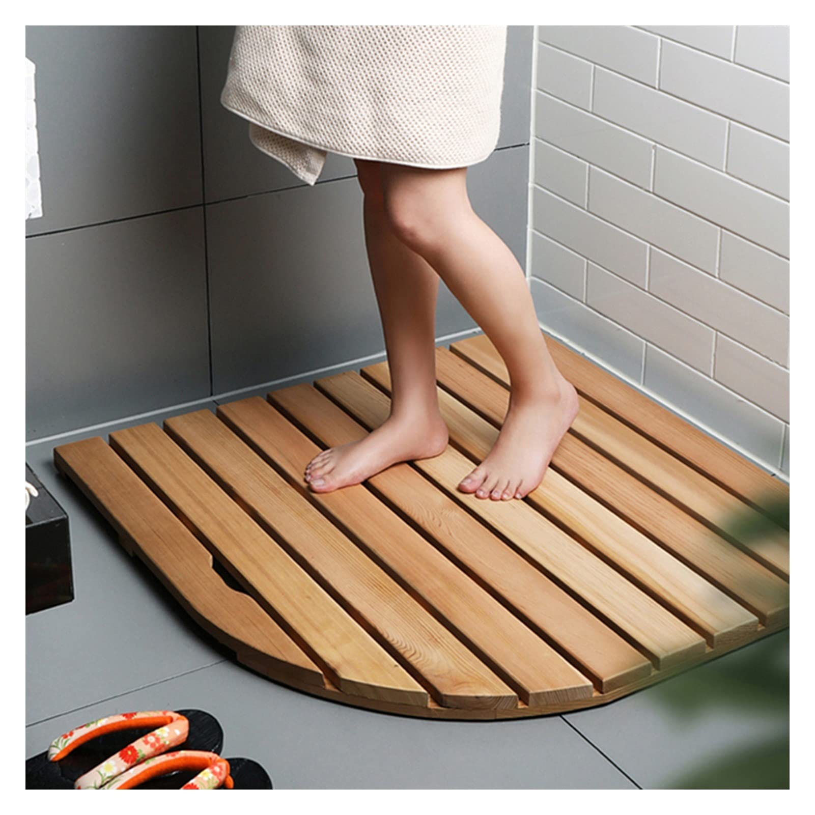 Natural Bamboo Shower Mat - Non-Slip Wooden Bath Mat for Shower & Bathtub, Spa & Bathroom Floor, Fan-Shaped Design - Perfect for Bathroom, Spa, and Outdoor Use