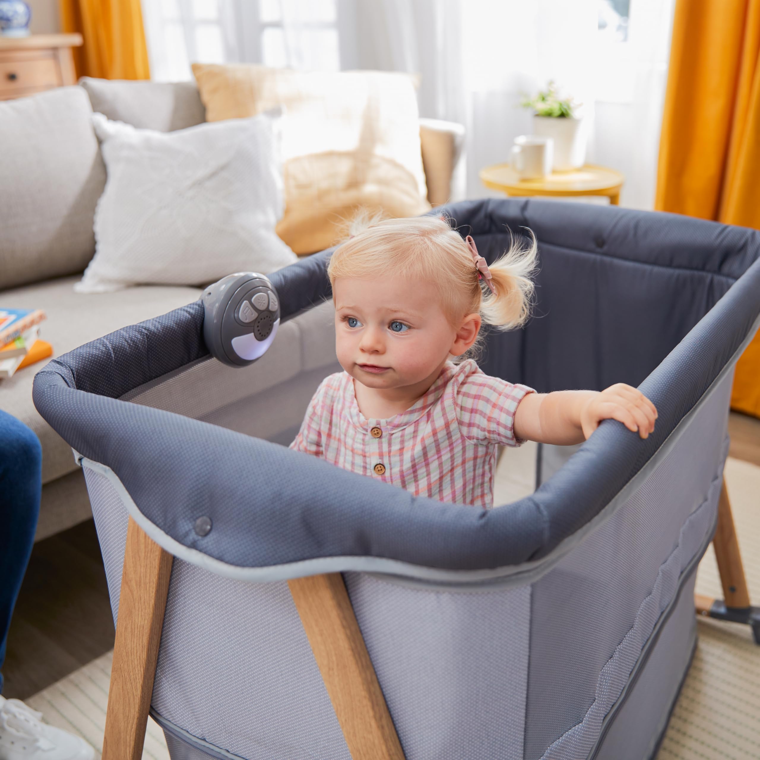 Safety 1st Rest-and-Romp 2-in-1 Bassinet & Playard with Soothing Sounds, Night Light & Vibration - Portable Baby Bed & Play Yard for Newborns to Toddlers - Perfect for Nursery, Travel & Bedside Sleeping (Dunes Edge)