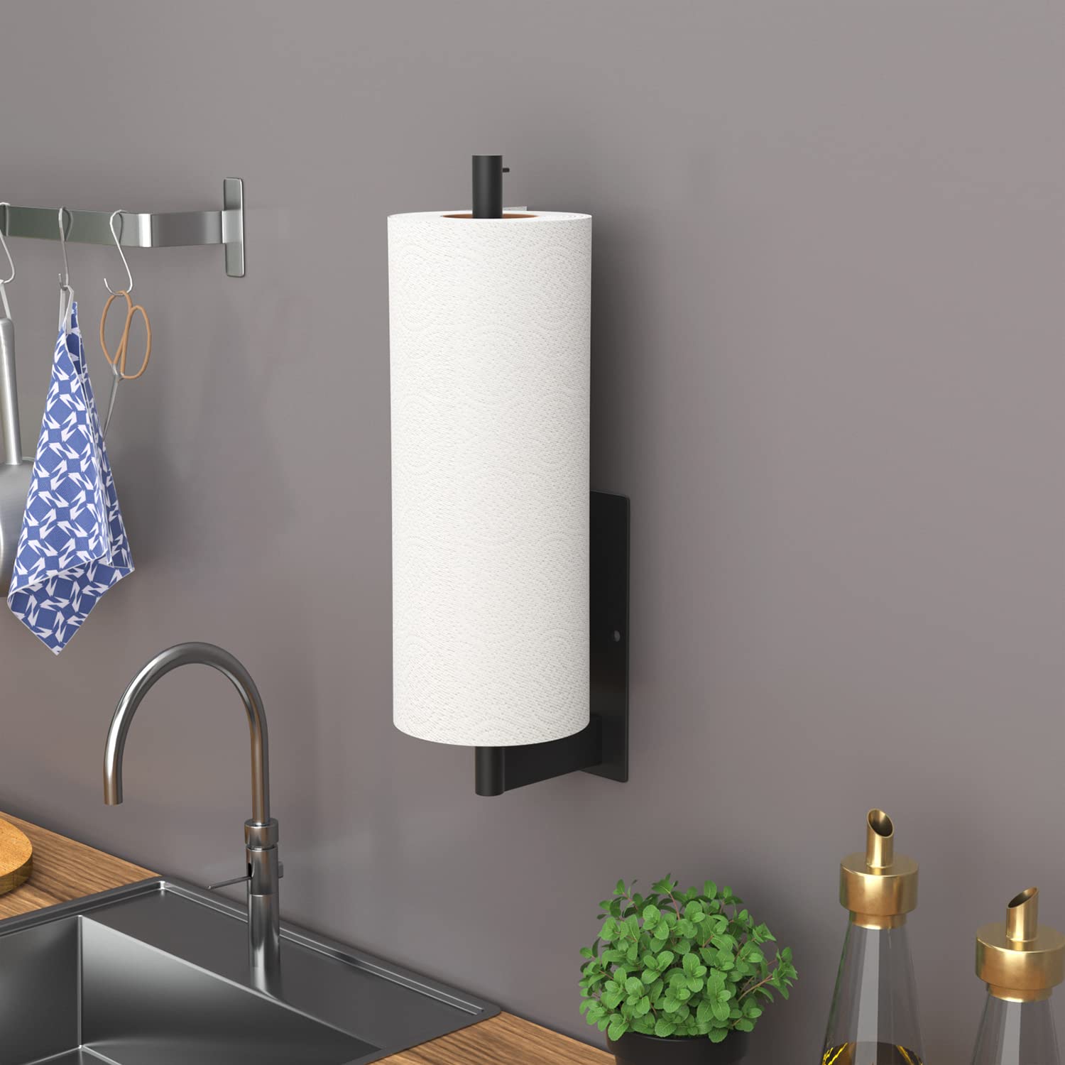 Stainless Steel Under Cabinet Kitchen Roll Holder - Matte Black Paper Towel Rack with Self-Adhesive Mounting for Kitchen, Pantry & Bathroom | Space-Saving Storage Solution for Easy Access to Paper Towels While Cooking or Cleaning