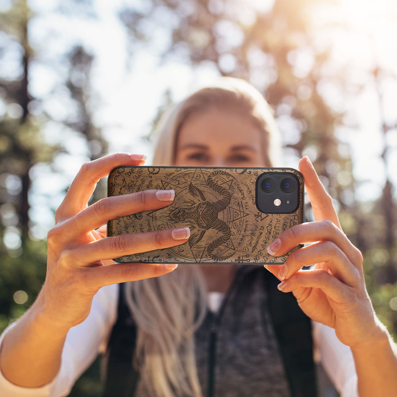 Carveit Magnetic Wood Case for iPhone 12 Mini - Natural Walnut Wood & Black TPU Shockproof Protective Cover with Magsafe Compatibility | Unique Baphomet Design - Perfect for Outdoor Adventures, Travel Protection & Stylish Everyday Use