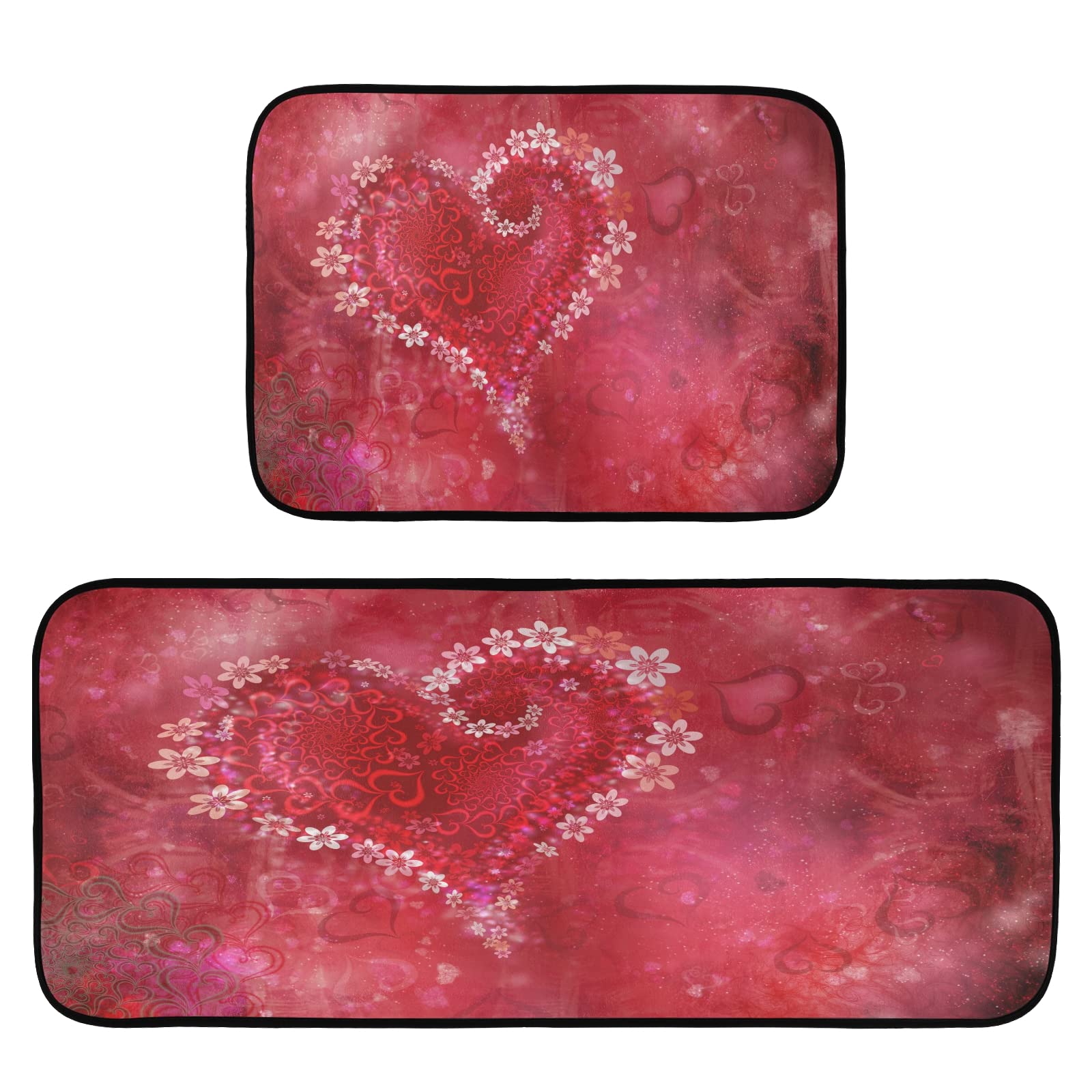 Valentine's Day Kitchen Mats - Romantic Red Heart Floral Non-Slip Kitchen Rugs & Laundry Runner - Soft Washable Floor Mats for Entryway, Bathroom, Laundry Room - Set of 2 Home Decor Doormats