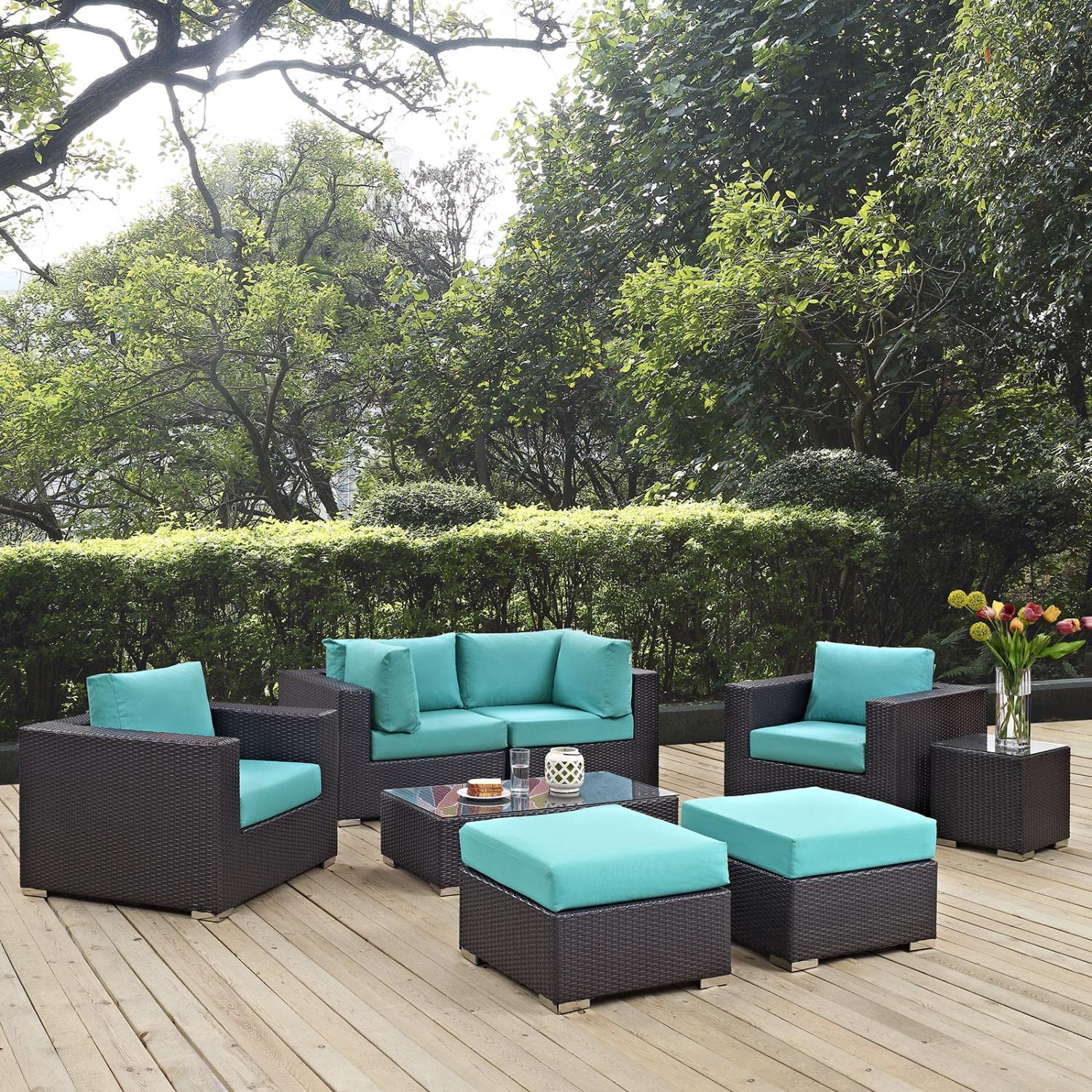 Modway Convene 8-Piece Outdoor Patio Sectional Set - Espresso & Turquoise Wicker Furniture with Cushions - Perfect for Backyard, Poolside & Garden Relaxation