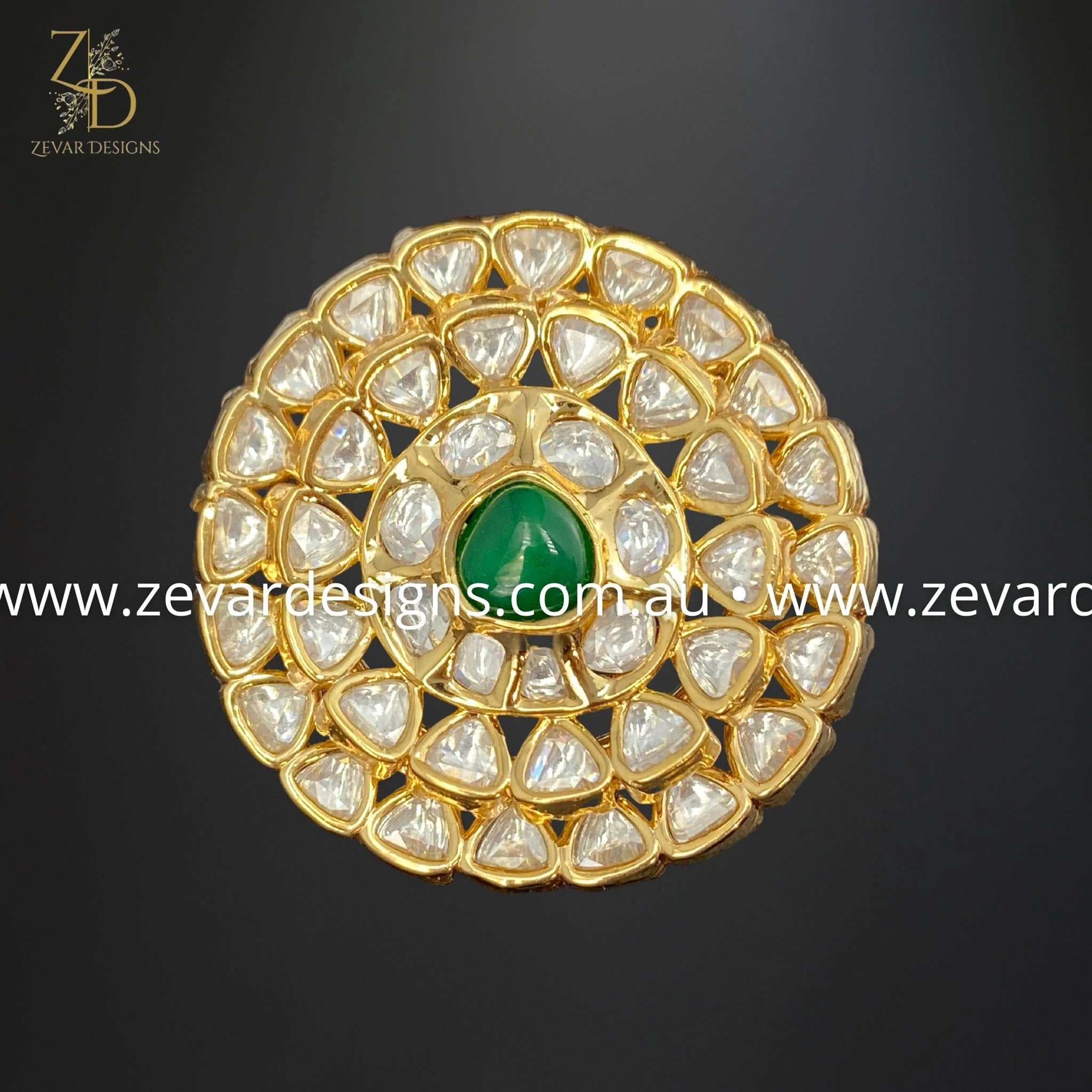 Exquisite Designer Kundan Polki Ring with Emerald - Handcrafted Indian Jewelry for Weddings, Parties & Special Occasions