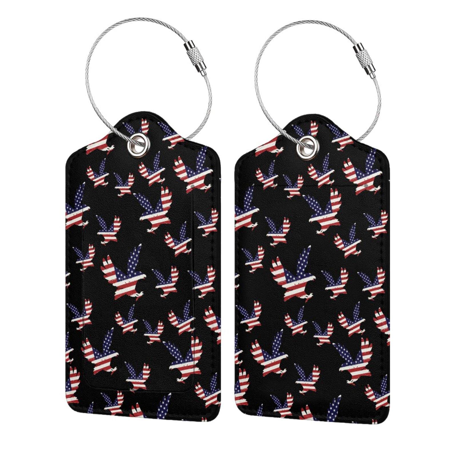 2 Pack American Flag Eagle PU Leather Luggage Tags with Stainless Steel Loop - Durable Privacy Cover ID Label for Suitcases - Perfect Travel Accessories for Women, Men & Kids (Ideal for Airports, Vacations & Business Trips)