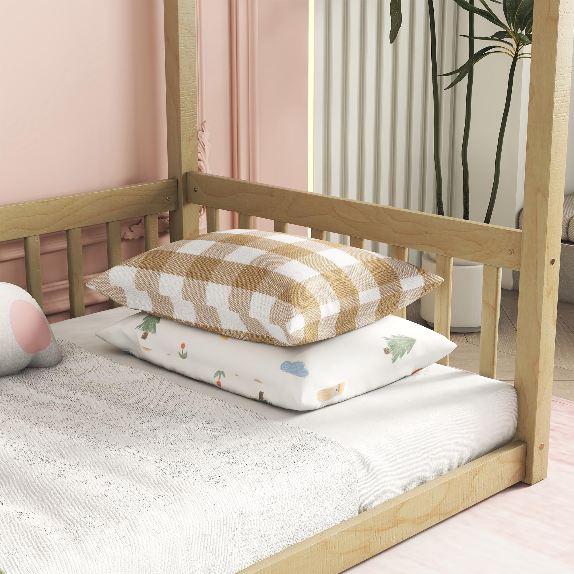Twin Size Wood Canopy Bed Frame with Safety Fence for Kids - Sturdy Four Poster Platform Bed for Boys & Girls (Natural Finish) - Perfect for Nursery, Bedroom, Playroom & Sleepovers