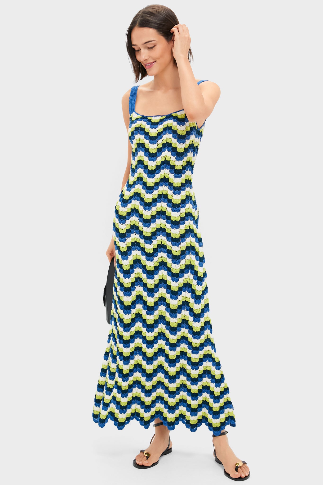 Blues and Lime Green Marea Crochet Maxi Dress for Women - Boho Beach Cover Up, Summer Vacation Outfit, Festival Fashion