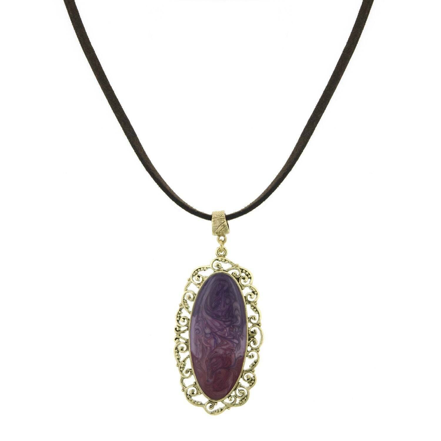 Vintage 1928 Jewelry Bourges Filigree Amethyst Purple Enamel Antique Pendant Necklace with Brown Faux Suede Chain - Perfect for Evening Wear, Date Nights & Special Occasions