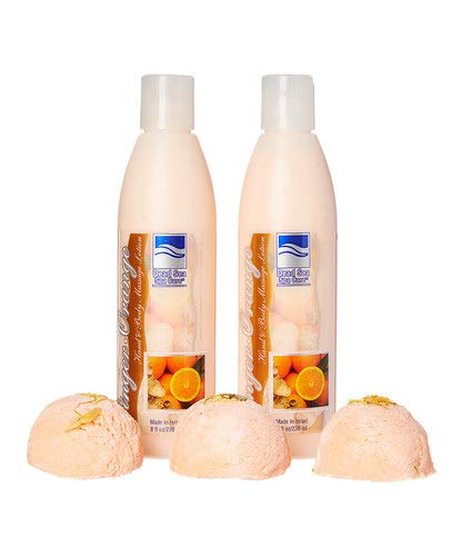 Dead Sea Spa Care Bath Bomb Set - 3 Pack Mango Mandarin Bubble Bath Truffles & 2 Pack Ginger Orange Hand Body Lotion (8 oz) | Relaxing Bath & Massage Gift for Women, Spa Day at Home
