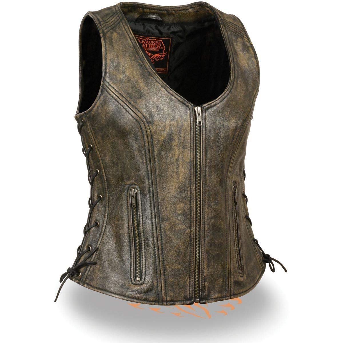 Milwaukee Leather MLL4531 Women's Brown Leather Vest - Open Neck, Side Lace Front Zipper, Concealed Gun Pockets | Western Fashion, Motorcycle Riding, Outdoor Adventure