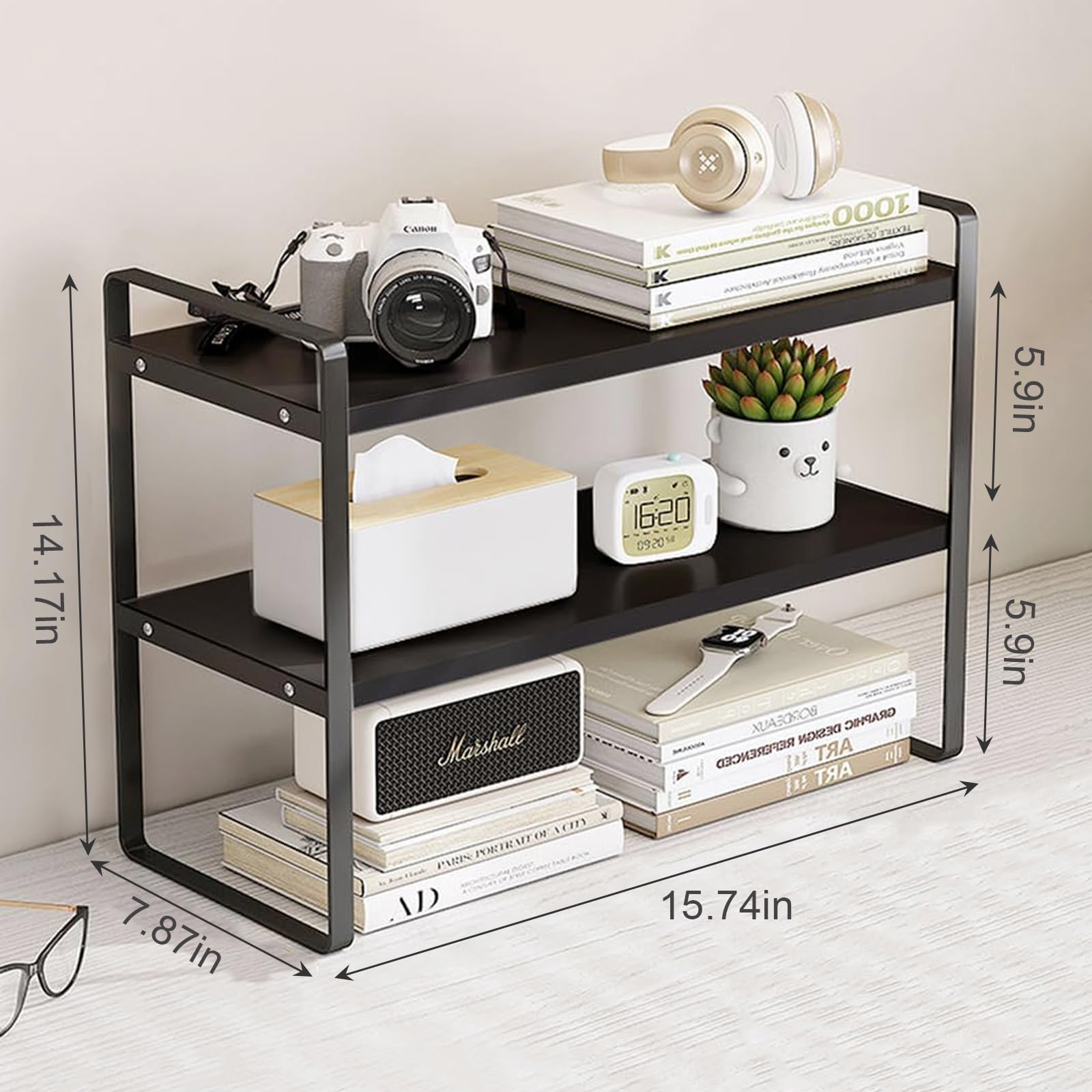 Adjustable Desktop Organizer Shelf - Black Office Storage Rack for Computer Desk, Bookshelf & Office Supplies | Perfect for Workspace Organization & Home Office Decor