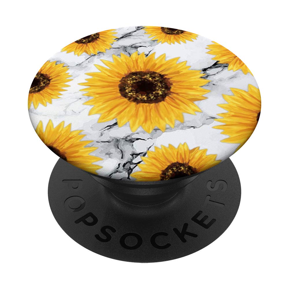 Grip Sunflower White Marbled Floral PopSocket - Chic Design Phone Grip & Stand for iPhone, Samsung, Tablets - Perfect for Home, Office, and Travel Use
