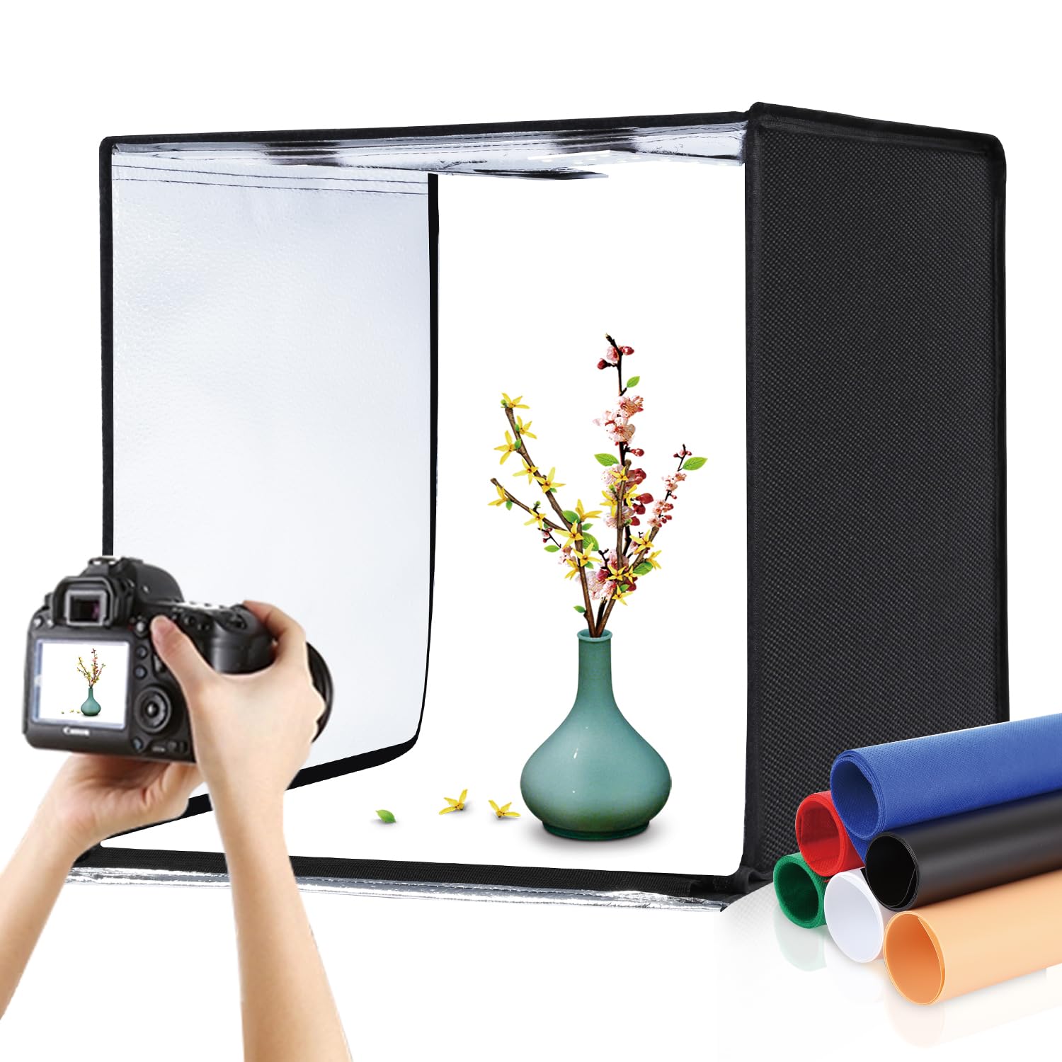 PULUZ 24x24 Inch Professional Photography Light Box Studio Kit - Portable Large LED Lightbox with 6 Color Backdrops, Dimmable 120 LED Beads, 5500K Daylight Lighting (US Plug) - Perfect for Product Photography, Ecommerce, Jewelry, and Small Item Shooting
