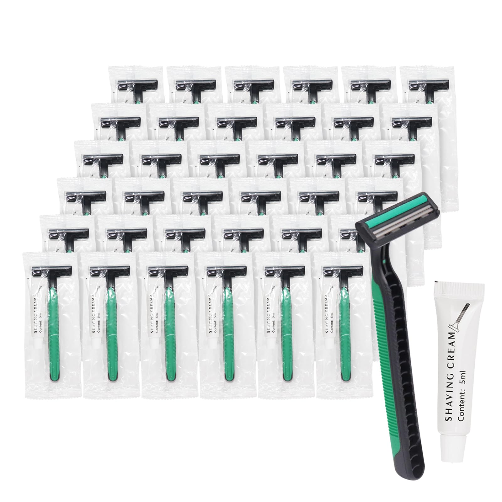 Bulk Disposable Razors with Knife Cap & Shaving Cream - 100 Individually Packed Razors for Hotels, Shelters, Nursing Homes, Charities & Churches - Perfect for Travel, Grooming Kits & Emergency Hygiene Supplies