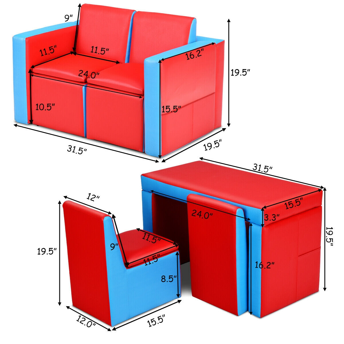Multi-Functional Kids Sofa Table Chair Set - Convertible Toddler Furniture for Playroom, Bedroom & Living Room - Study Desk, Play Table & Lounge Chair for Boys & Girls