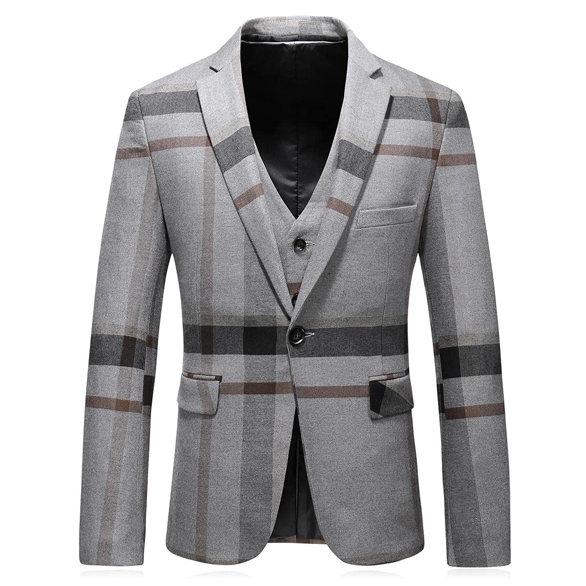 Men's 3-Piece Check Plaid Suit Set - Single Breasted One Button Jacket with Vest & Pants | Formal Business Attire, Wedding, Prom, Party Tuxedo Blazer Outfit for Special Occasions