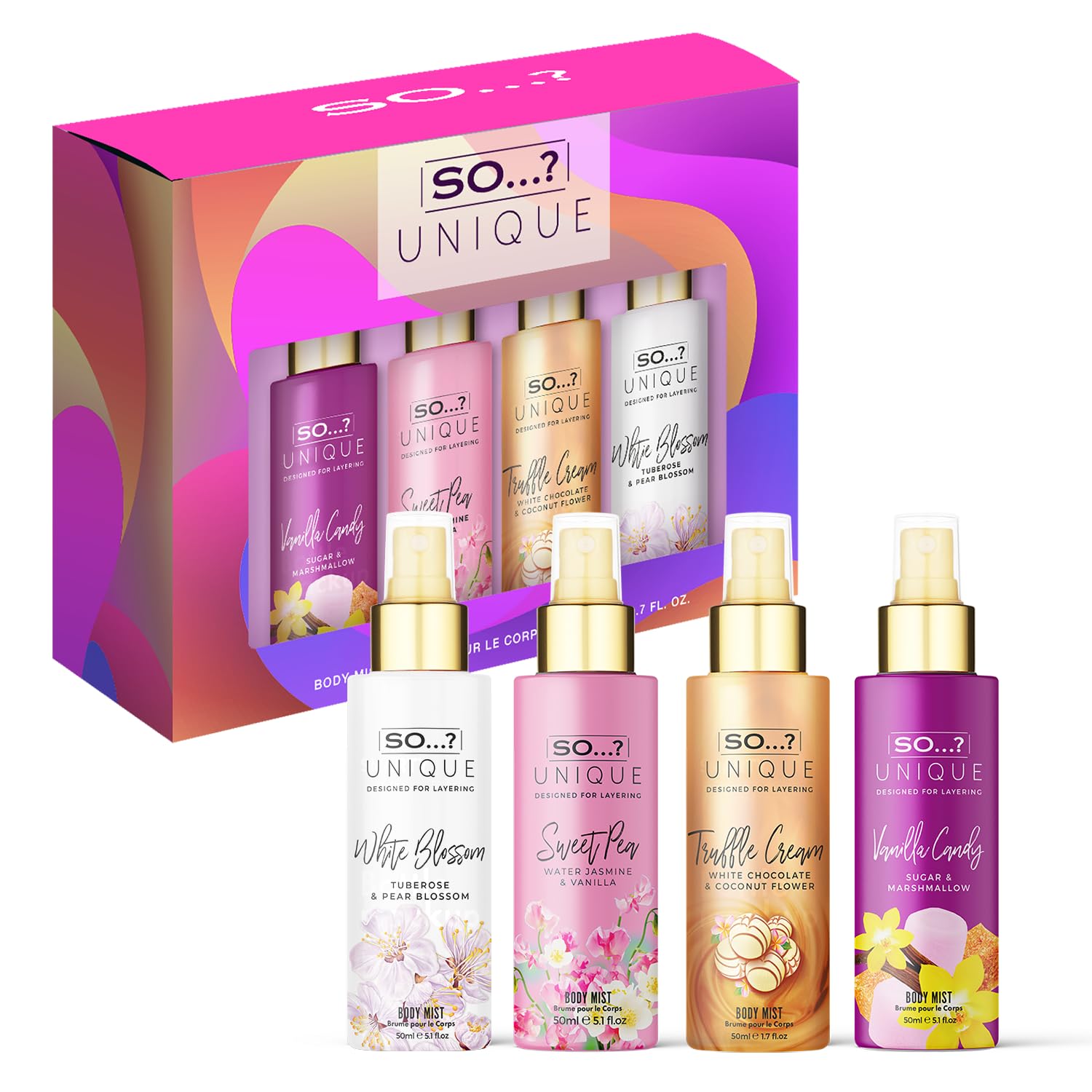 SO Unique Women's Mini Body Mist 200Ml & Gift Set 4 X 50Ml - Fresh Long Lasting Body Spray for Women | Mix & Match Fragrances | UK's No.1 Scented Mist | Perfect for Daily Use, Travel & Gifts