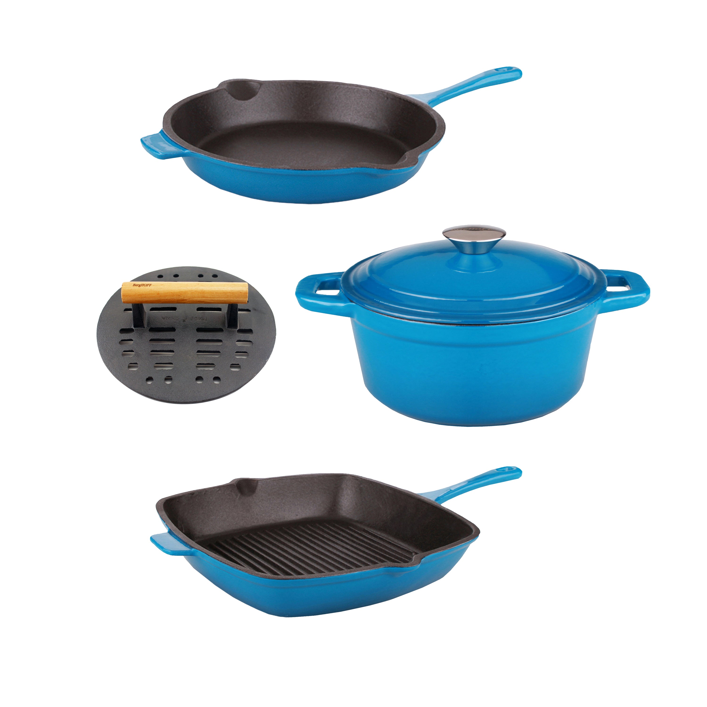 BergHOFF Neo 5-Piece Cast Iron Cookware Set with Slotted Steak Press - Blue Enameled Dutch Oven & Skillet - Perfect for Searing, Braising & Grilling Steaks at Home