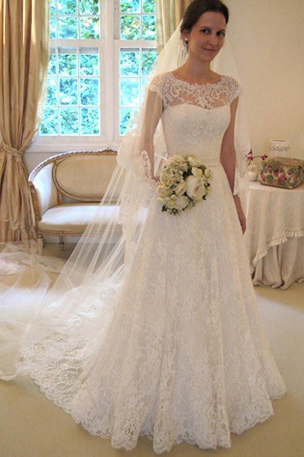 Elegant A-Line Cap Sleeve Lace Long Wedding Dress TN0096 - Perfect for Bridal, Formal Events & Custom Ceremonies