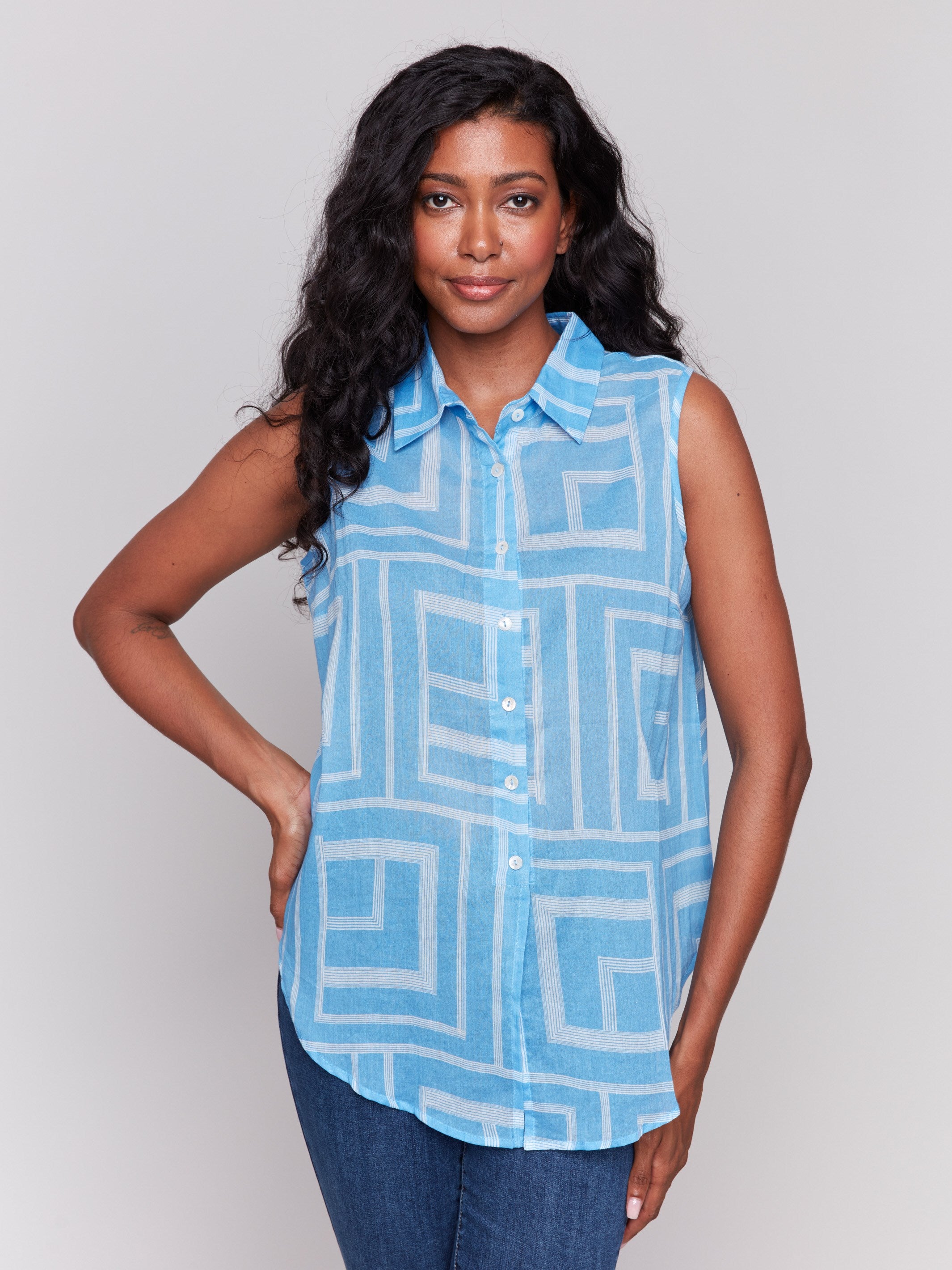 Printed Sleeveless Front Tie Cotton Shirt for Women - Bluebell Floral Design | Perfect for Summer Outfits, Beach Wear & Casual Style