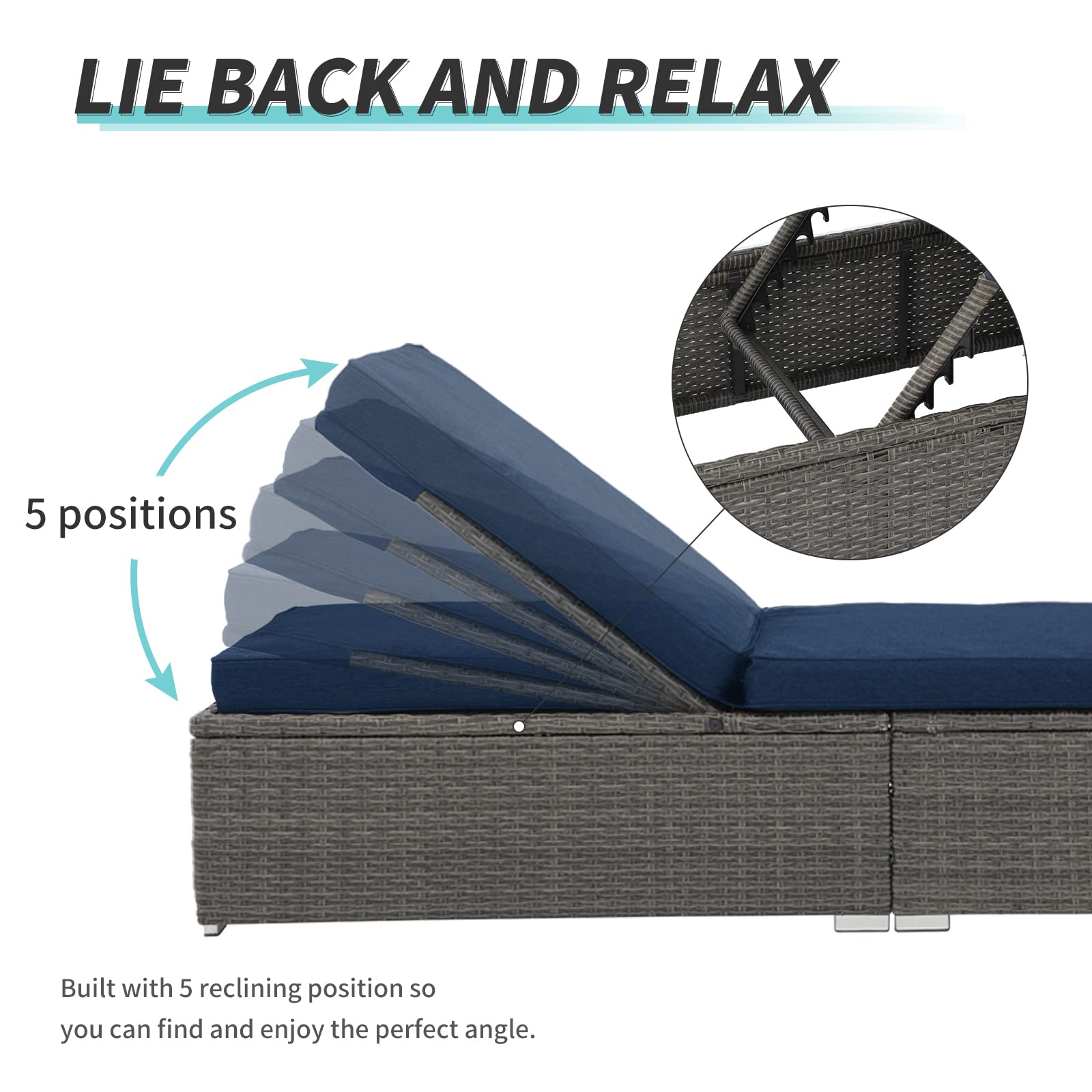 Verano Garden Outdoor Chaise Lounge Patio Pool Lounge Chairs - 2-Pack Wicker Rattan Reclining Folding Loungers with Adjustable Backrest & Removable Dark Blue Cushions - Perfect for Poolside, Beach, Backyard & Patio Relaxation