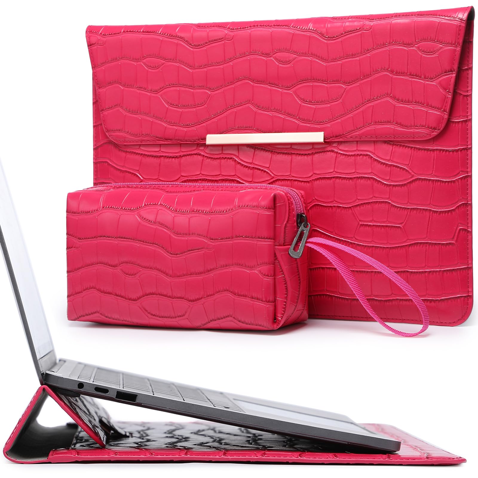 Premium 15-16 Inch Laptop Sleeve with Built-in Stand - Compatible with MacBook Pro 16 M3/M2/M1 (2024-2019), MacBook Pro 15, Dell XPS 15 - Durable Protective Case with Storage Pouch - Stylish Crocodile Pattern Rose Red Design - Perfect for Work, Travel & College Students