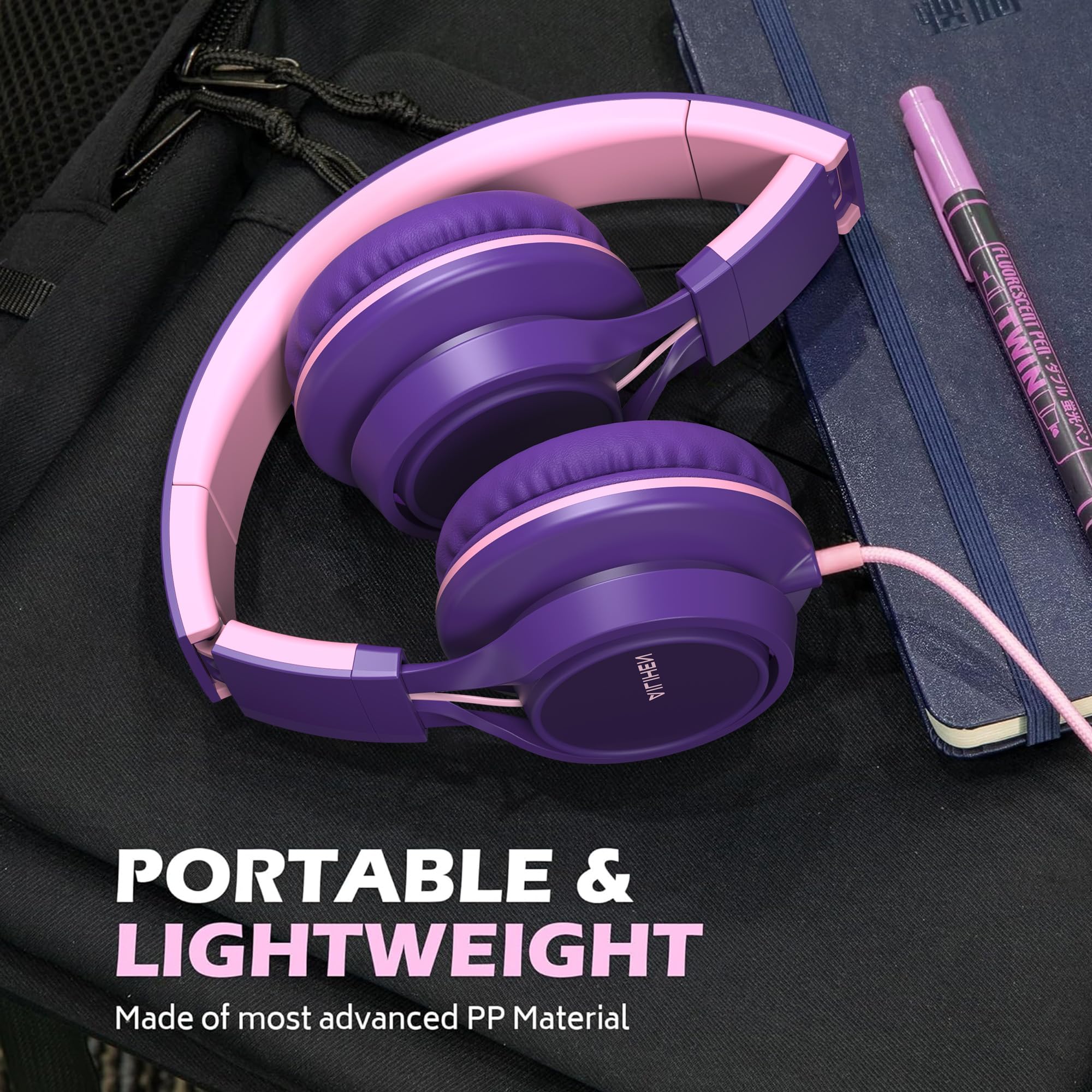 AILIHEN C8 Girls Headphones - Wired On-Ear Headset with Microphone, Volume Control & Foldable Design - 3.5mm Stereo Audio for School, Chromebook, Laptop, PC & Tablet - Perfect for Online Classes, Travel & Home Use (Purple Pink)