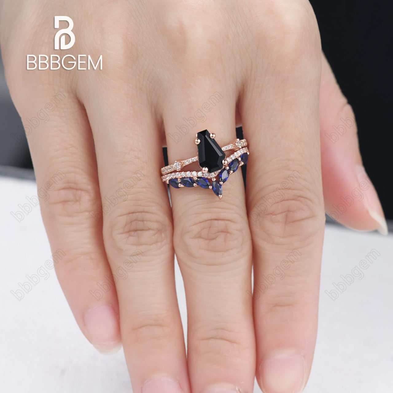 Unique Coffin Shaped Wedding Ring Set - 14k Rose Gold Black Onyx Ring & Marquise Cut Blue Sapphire Band - Gothic Anniversary Gift for Couples - Perfect for Dark Romance Weddings, Gothic Proposals & Alternative Jewelry Lovers