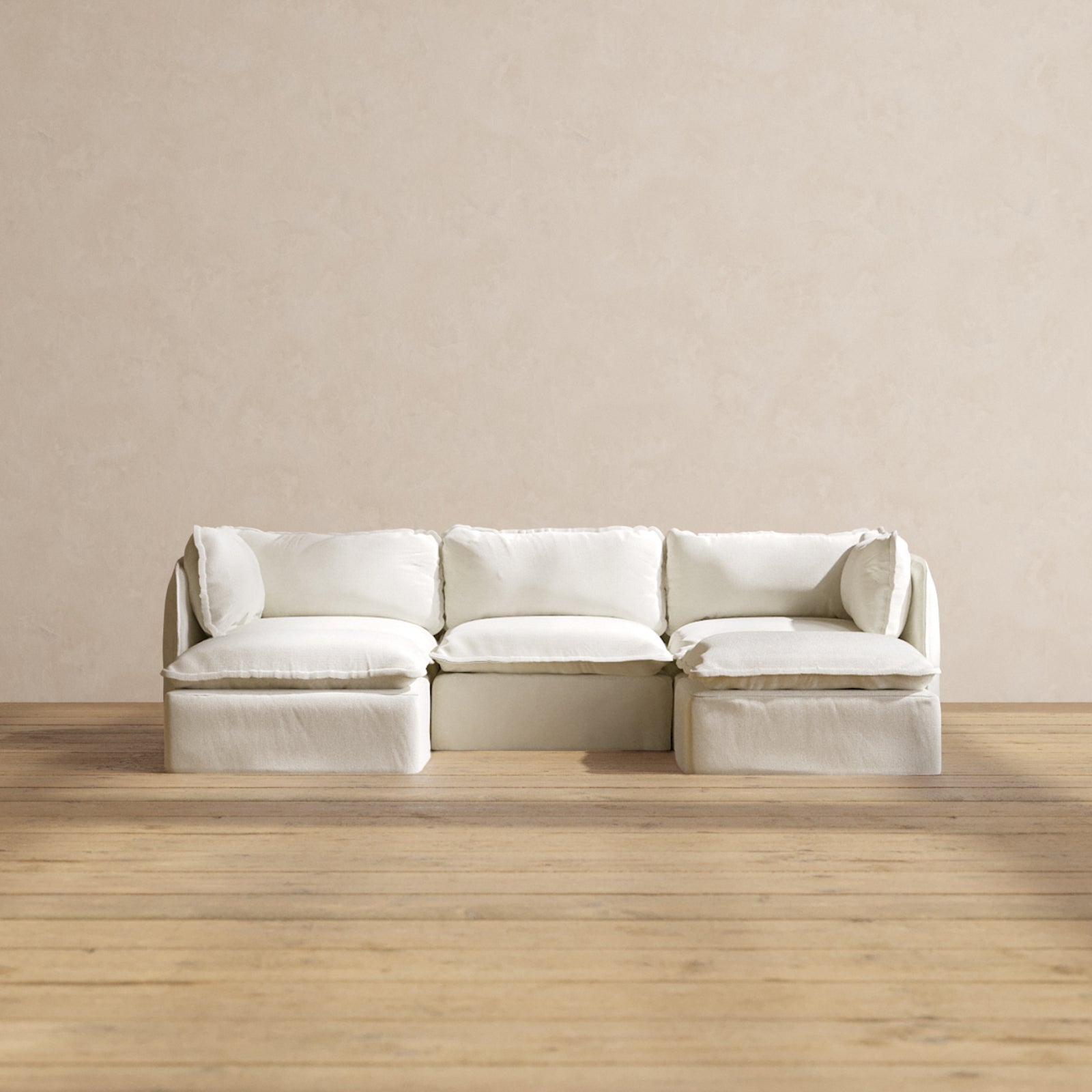 Modular Performance 3-Seater U-Shaped Sectional Sofa in Eggshell White | Relaxed Blend Fabric | Perfect for Living Room, Family Room & Home Theater