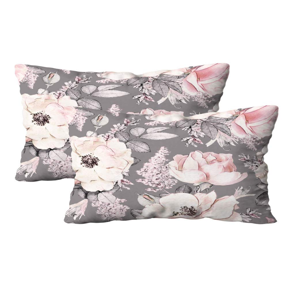 **Watercolor Floral Pillow Covers Set of 2 - 12x20 Inch Soft Couch & Outdoor Pillow Cases with Pink Flowers & Gray Leaves - Perfect for Sofa, Bed, Living Room & Patio Decor**