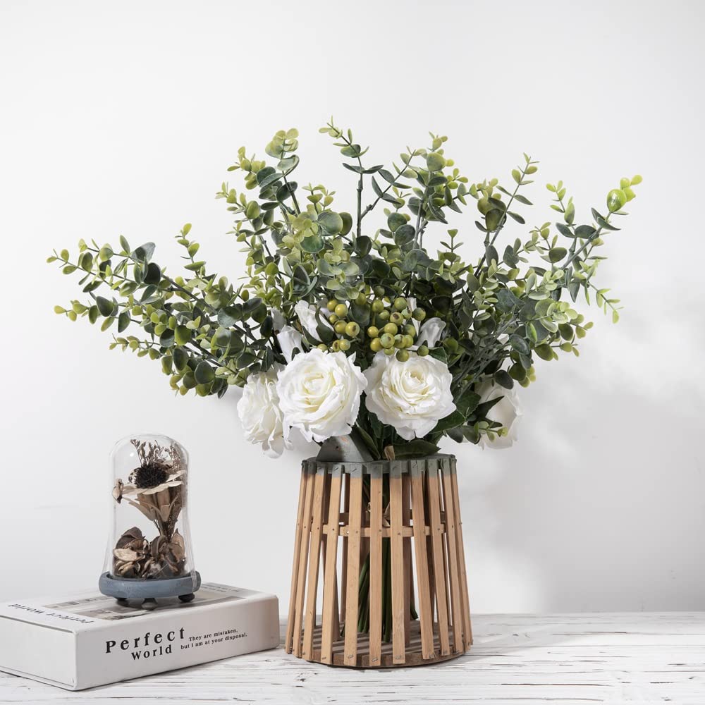 Silk Roses & Eucalyptus Bouquet - Large White Artificial Flowers for Wedding Centerpieces & Home Decor