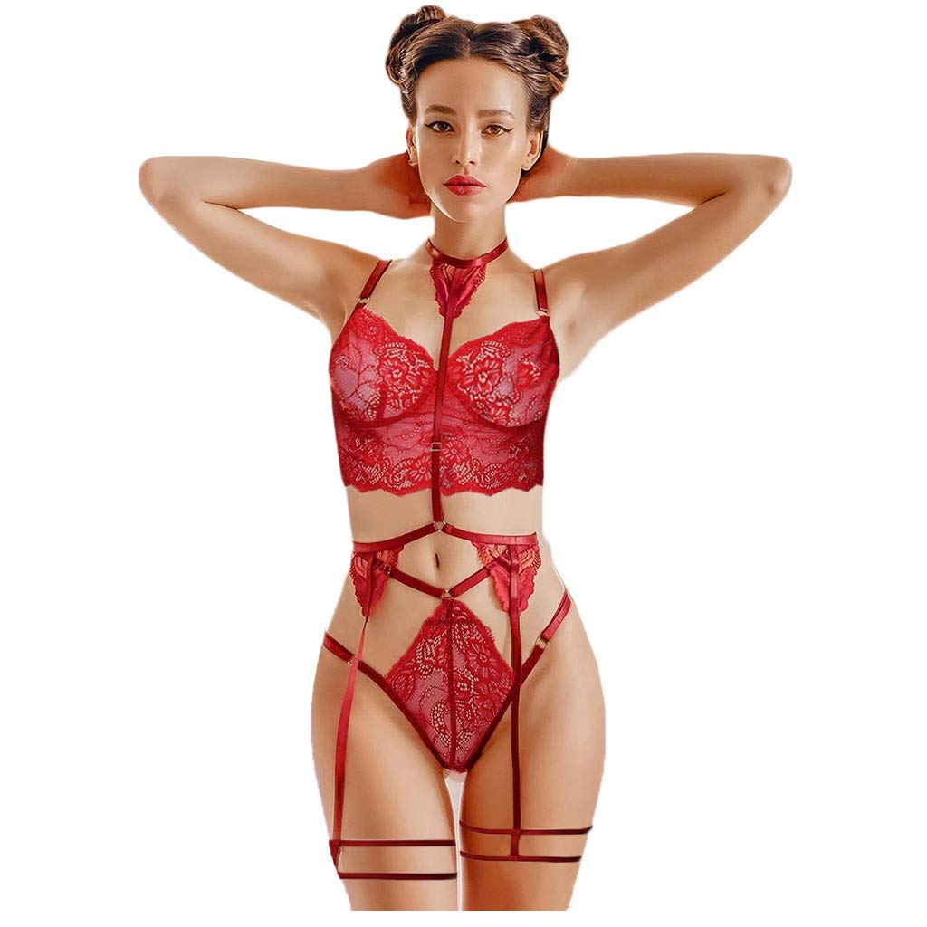 **Sexy Lace Flower Bra & Thong Pajama Set for Women - No Wire Comfortable Sleepwear & Intimate Lingerie (Red, XXXL) - Perfect for Valentine's Day, Honeymoon & Romantic Nights**