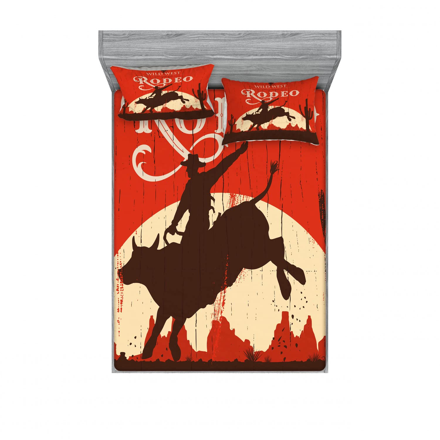 Ambesonne Vintage 2-Pack King Size Fitted Sheet & Pillow Sham Set - Rodeo Cowboy Riding Bull Design, 4-Piece Western Bedding Decor in Orange & Brown (Includes 2 Fitted Sheets & 4 Pillow Covers) - Perfect for Cowboy Themed Bedrooms, Ranch Style Homes & Western Decor Lovers