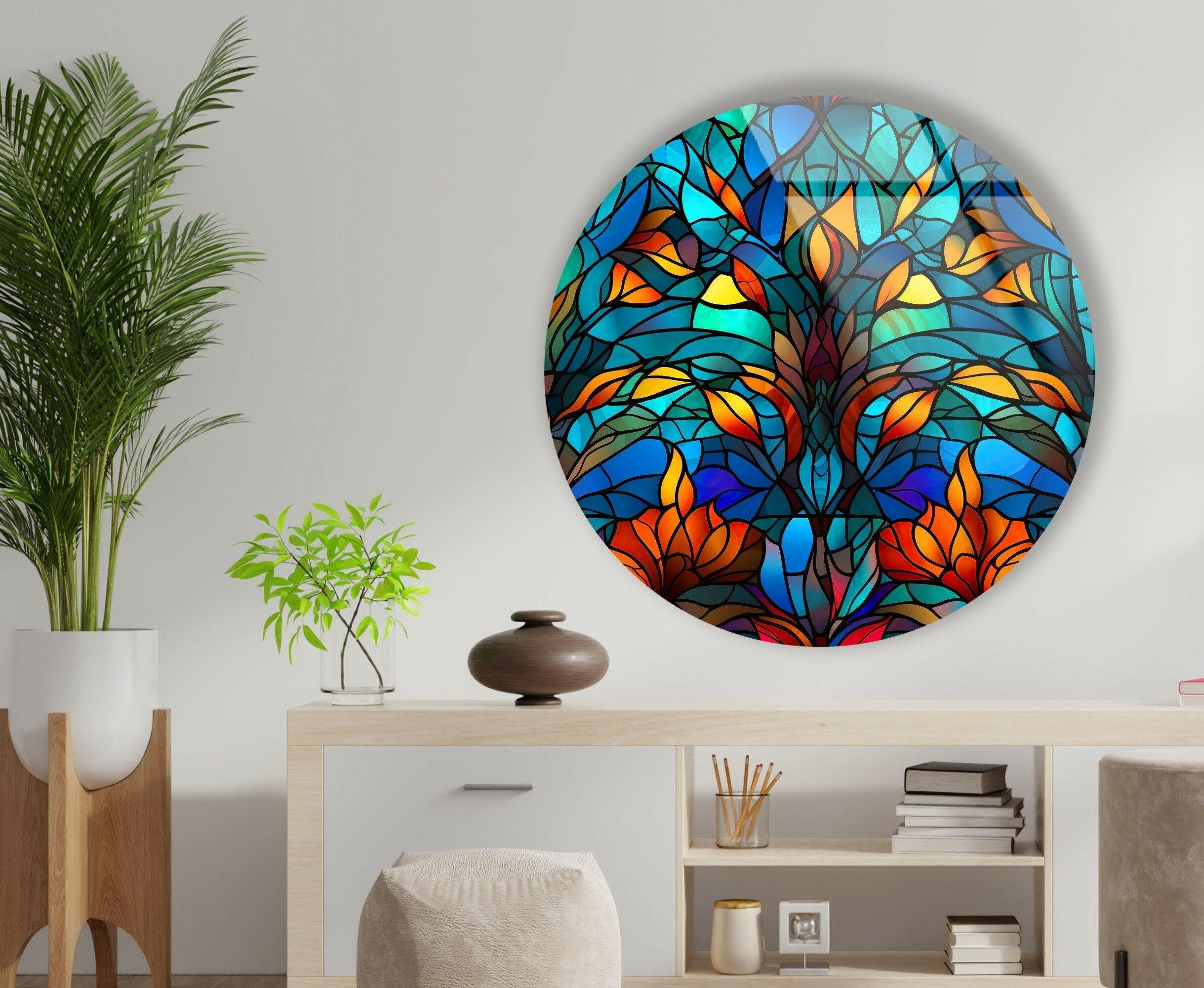 Blue Stained Glass Round Tree Wall Art - Handmade Home Decor for Living Room, Bedroom & Office