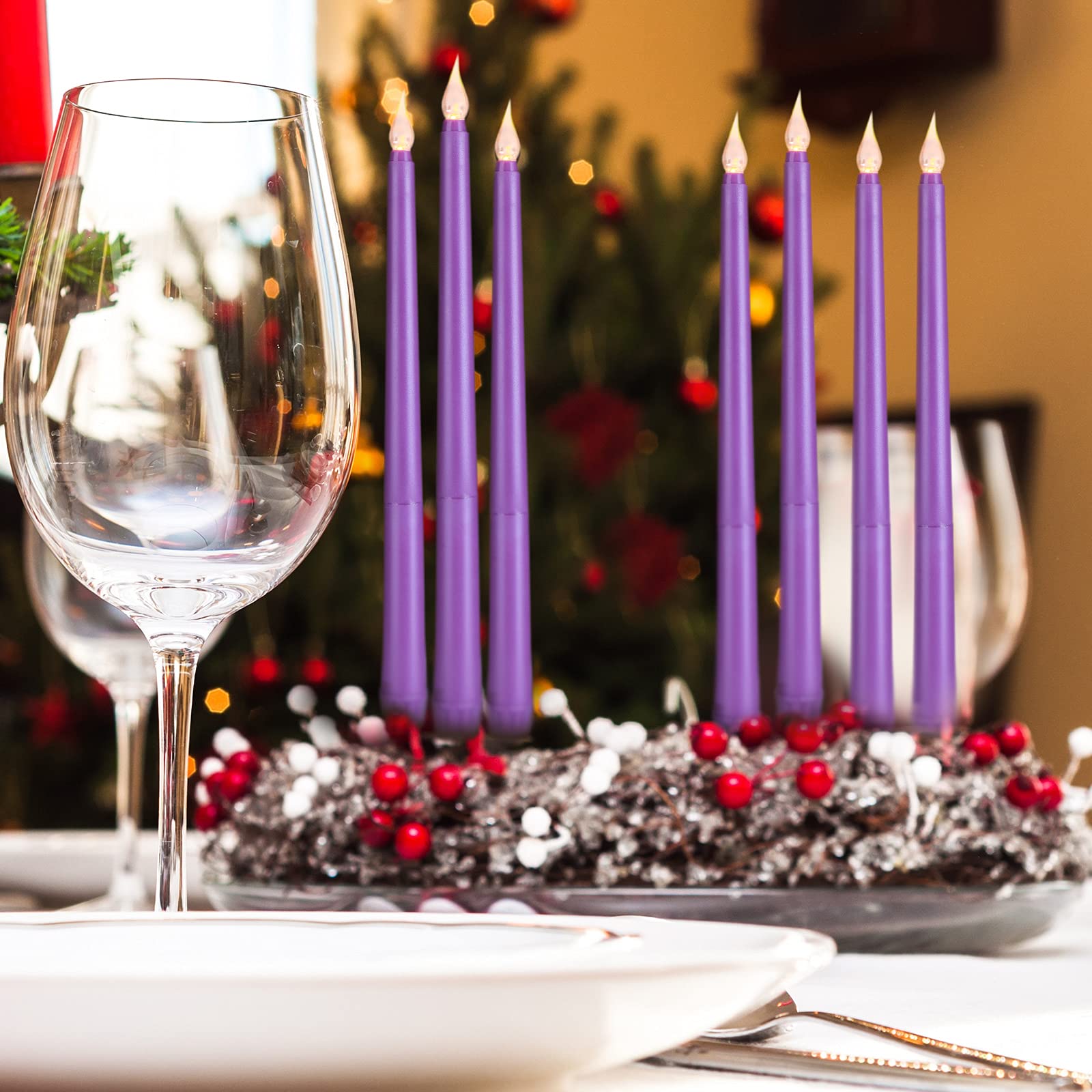 Enhon 8-Pack 10-Inch Purple Flameless LED Taper Candles - Battery Operated Flickering Candles for Wedding Decor, Christmas Centerpiece, Holiday Table Setting, Church Ceremony & Home Decoration - Safe for Kids & Pets