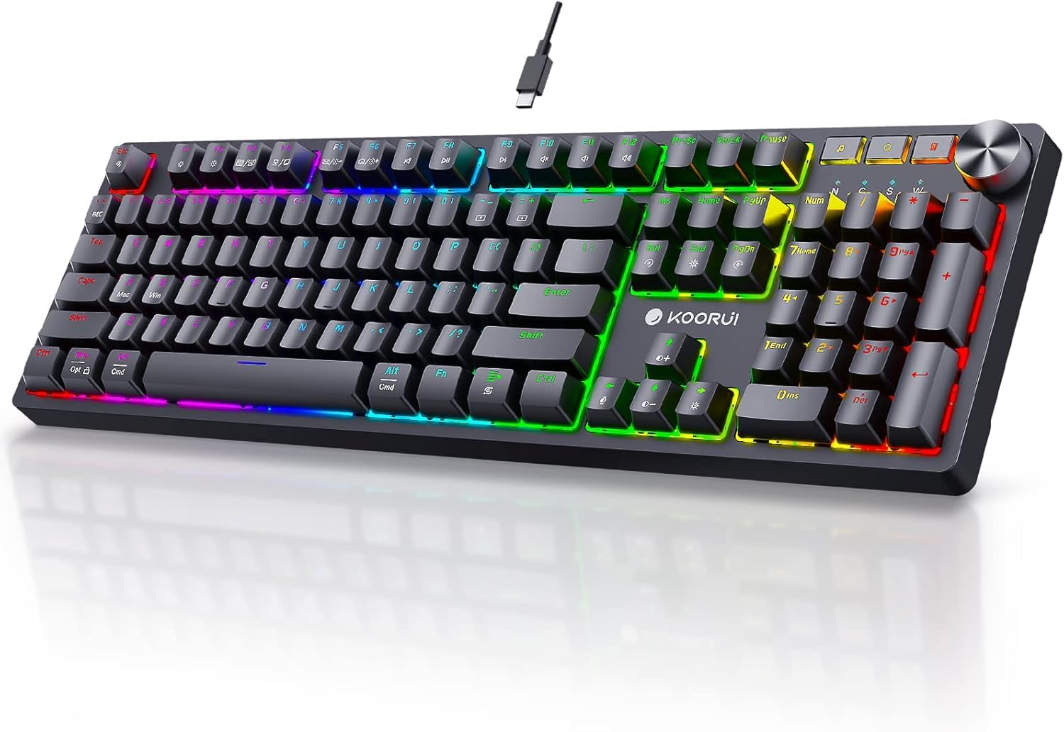 KOORUI Wired Gaming Keyboard - Full Size Ergonomic Mechanical Keyboard with 12 Shortcut Keys & RGB Backlit for PC, Laptop, Windows, Mac (Black) - Perfect for Gaming, Office Work & Typing