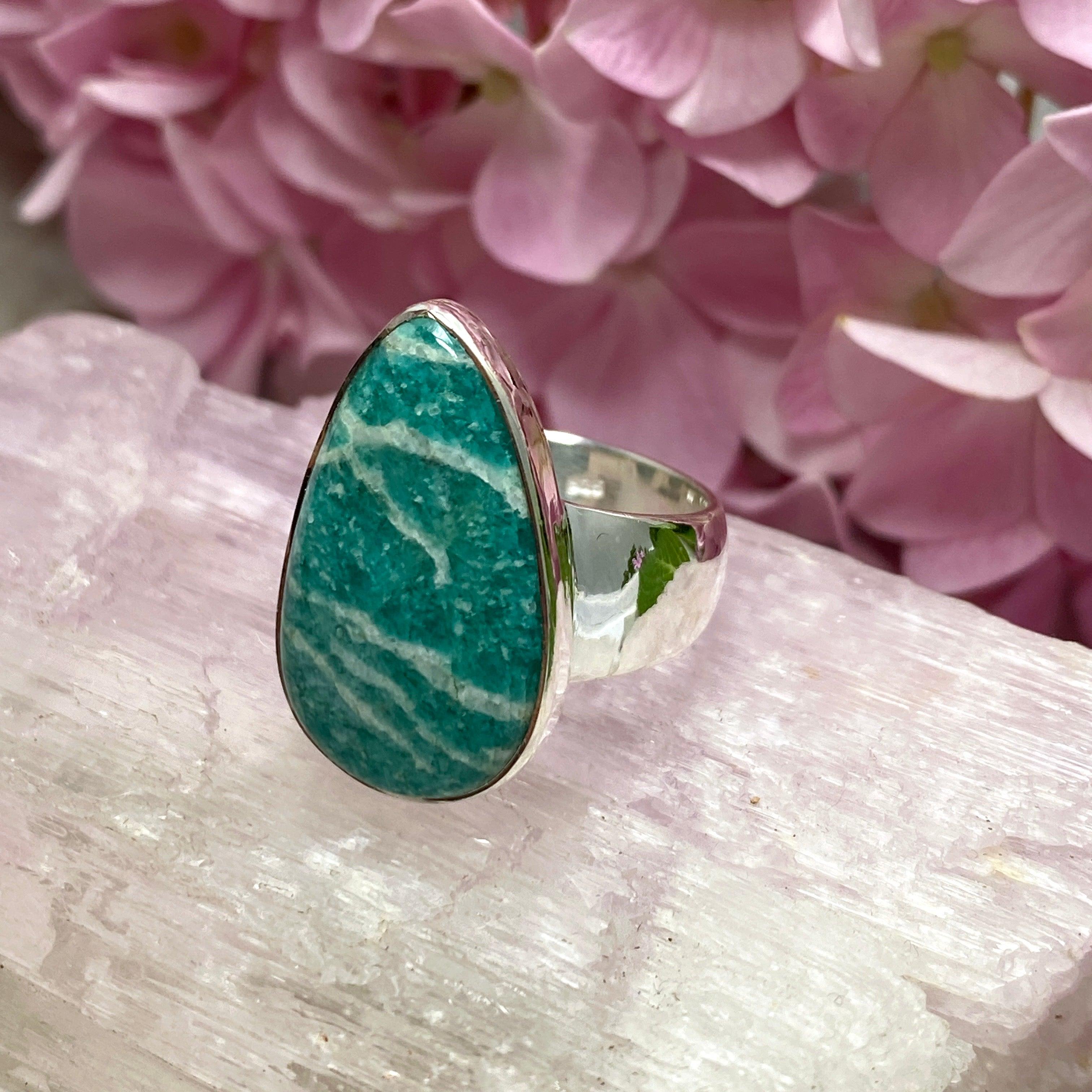Amazonite Teardrop Ring - Size 7, Sterling Silver, Handmade Boho Jewelry (KRGJ2565) | Perfect for Wedding, Gift & Everyday Boho Fashion