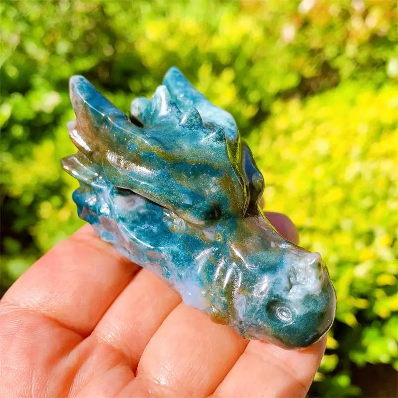Natural Ocean Jasper Dragon Skull Carving - 3 Inch Healing Crystal for Home Decor, Wicca Altar & Spiritual Gifts | Positive Energy Stone for Meditation, Feng Shui & Witchcraft Supplies