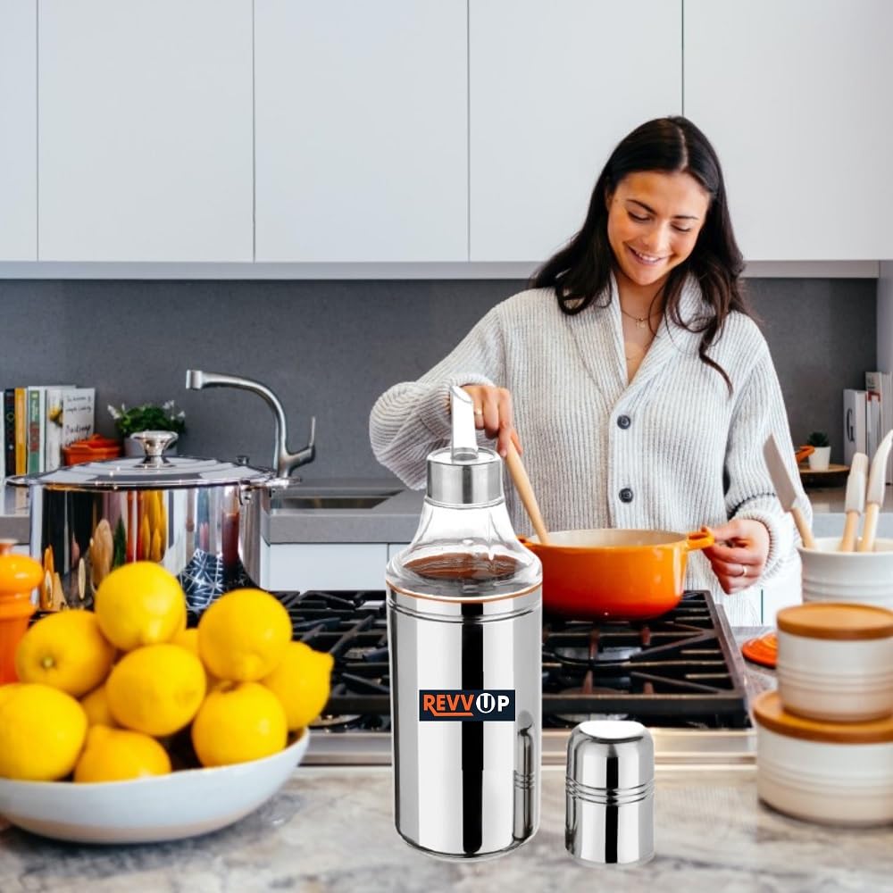REVV UP 250ml Stainless Steel Oil Dispenser with Leak-Proof Nozzle - Drip-Free Spout for Kitchen, Salad Dressing & Cooking Oil - Pack of 2 Oil Containers & Pourers