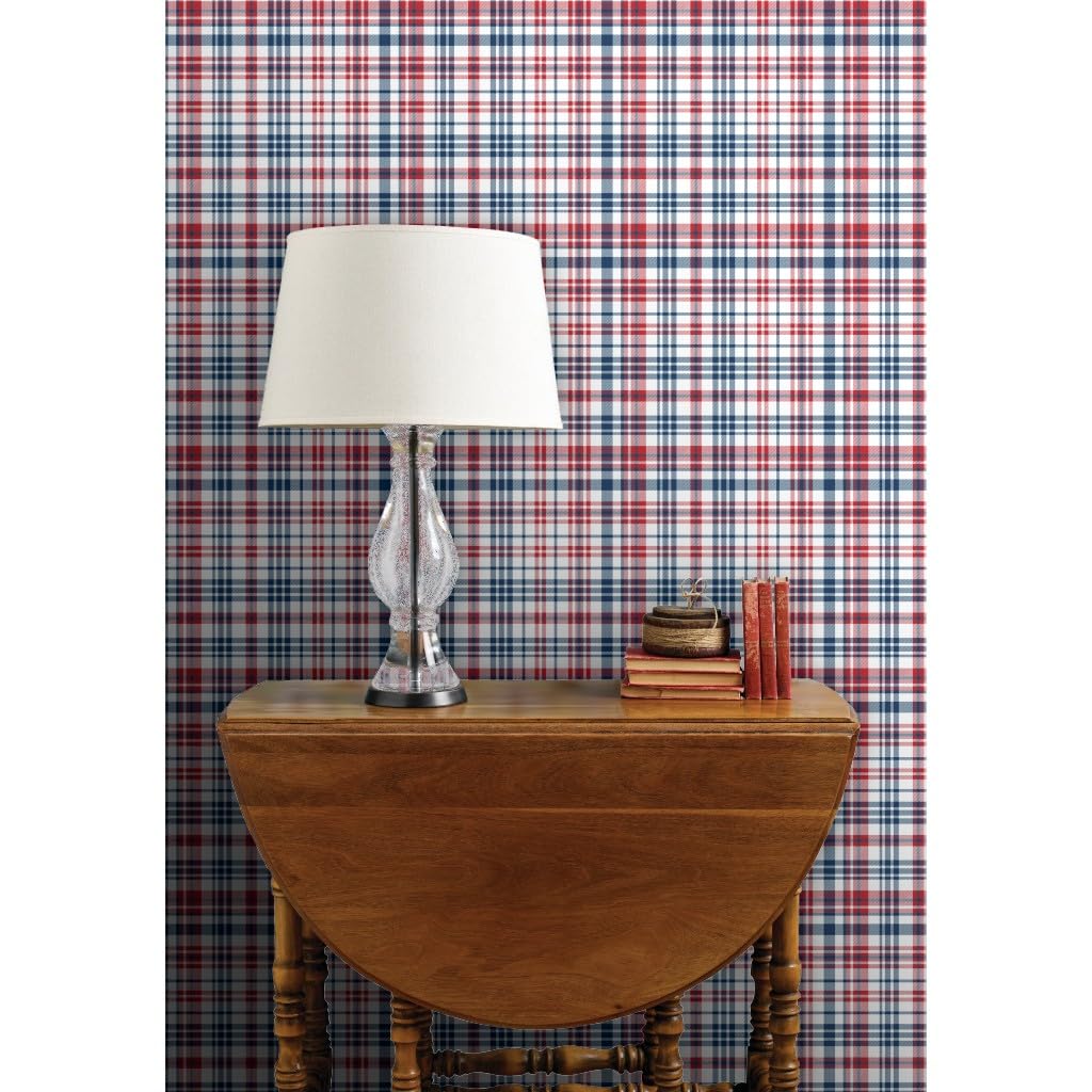 Commercial Grade Spoonflower Wallpaper 27ft x 2ft - Patriotic Plaid Navy Red USA Gingham with Stars & Stripes for July 4th Independence Day Decor | Perfect for Living Room, Bedroom, and Home Office Wall Covering