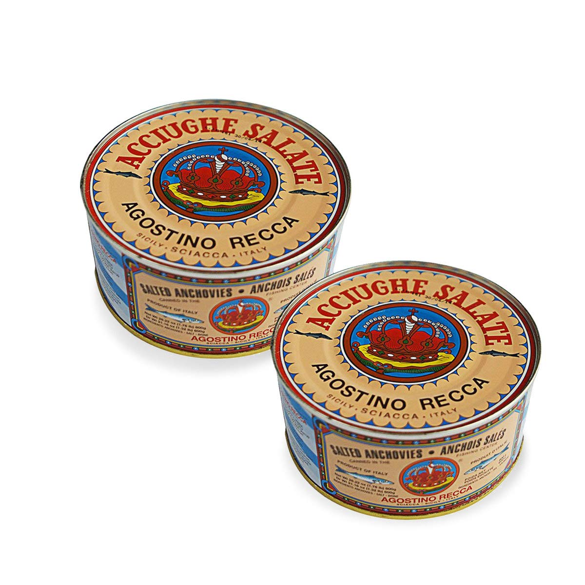 Premium Agostino Recca Italian Salted Whole Anchovies - 800g Can (Pack of 2) for Pizza Topping, Pasta Recipes & Gourmet Salads - Authentic Mediterranean Seafood Ingredient